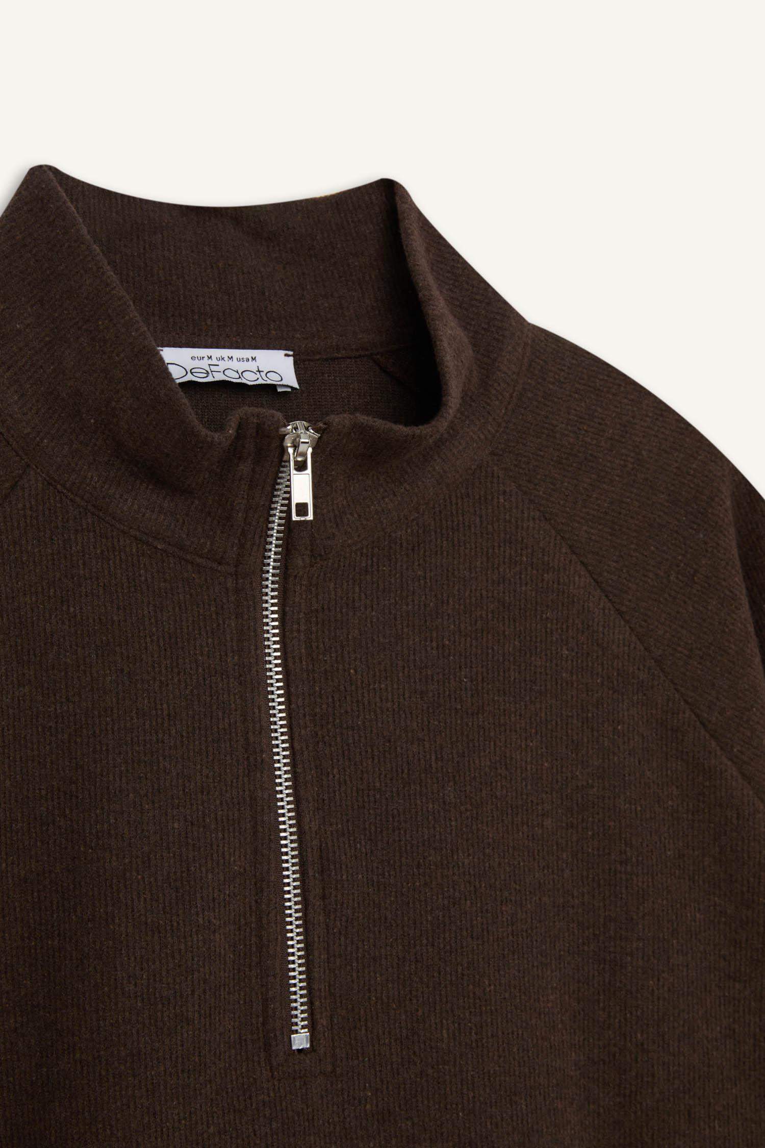 Oversize Geniş Kalıp Basic Düz Kanguru Cepli Fermuarlı Polo Yaka Sweatshirt