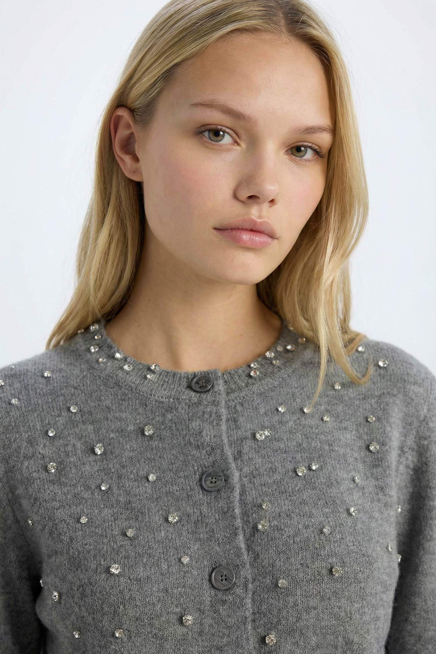 Regular Fit Bisiklet Yaka Düğmeli Taşlı Triko Hırka