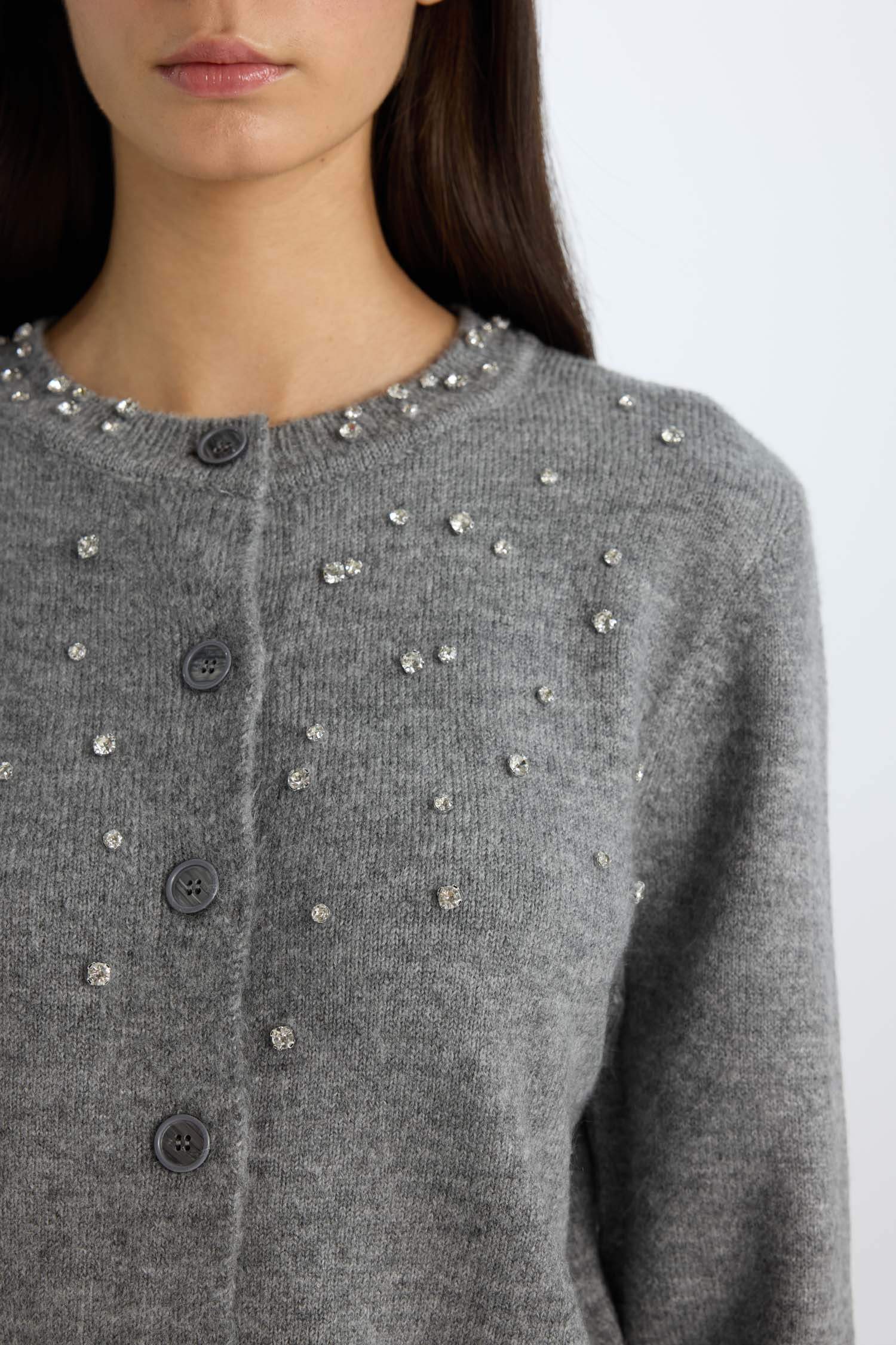 Regular Fit Bisiklet Yaka Düğmeli Taşlı Triko Hırka