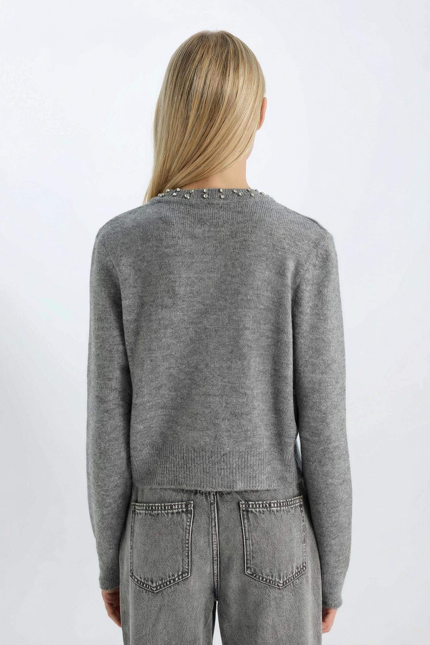 Regular Fit Bisiklet Yaka Düğmeli Taşlı Triko Hırka