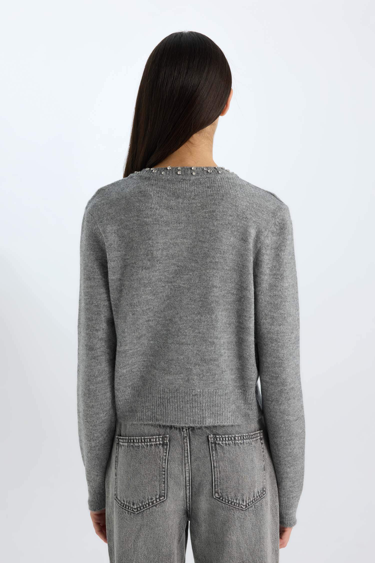 Regular Fit Bisiklet Yaka Düğmeli Taşlı Triko Hırka