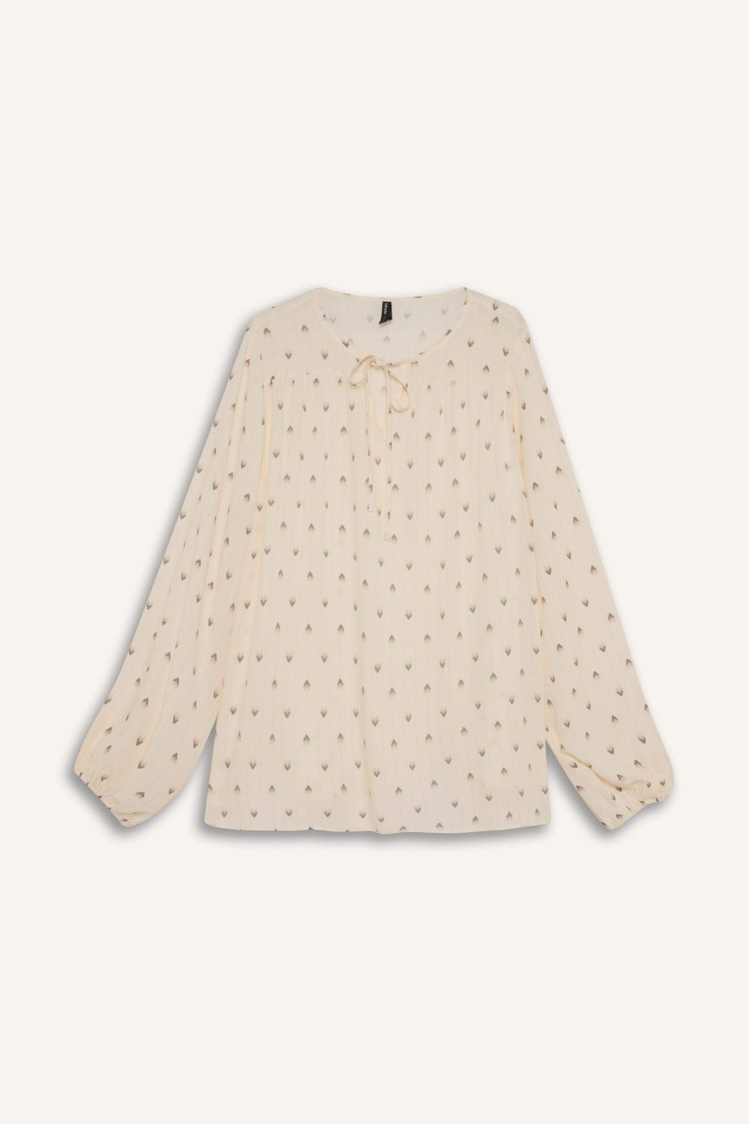 Regular Fit Apaş Yaka Simli Kumaş Uzun Kollu Bluz