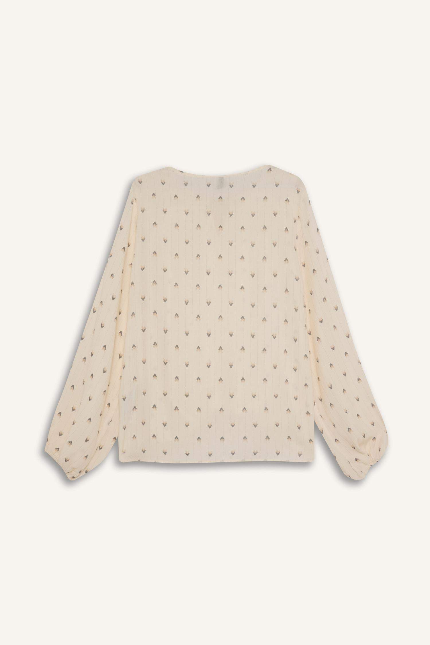 Regular Fit Apaş Yaka Simli Kumaş Uzun Kollu Bluz