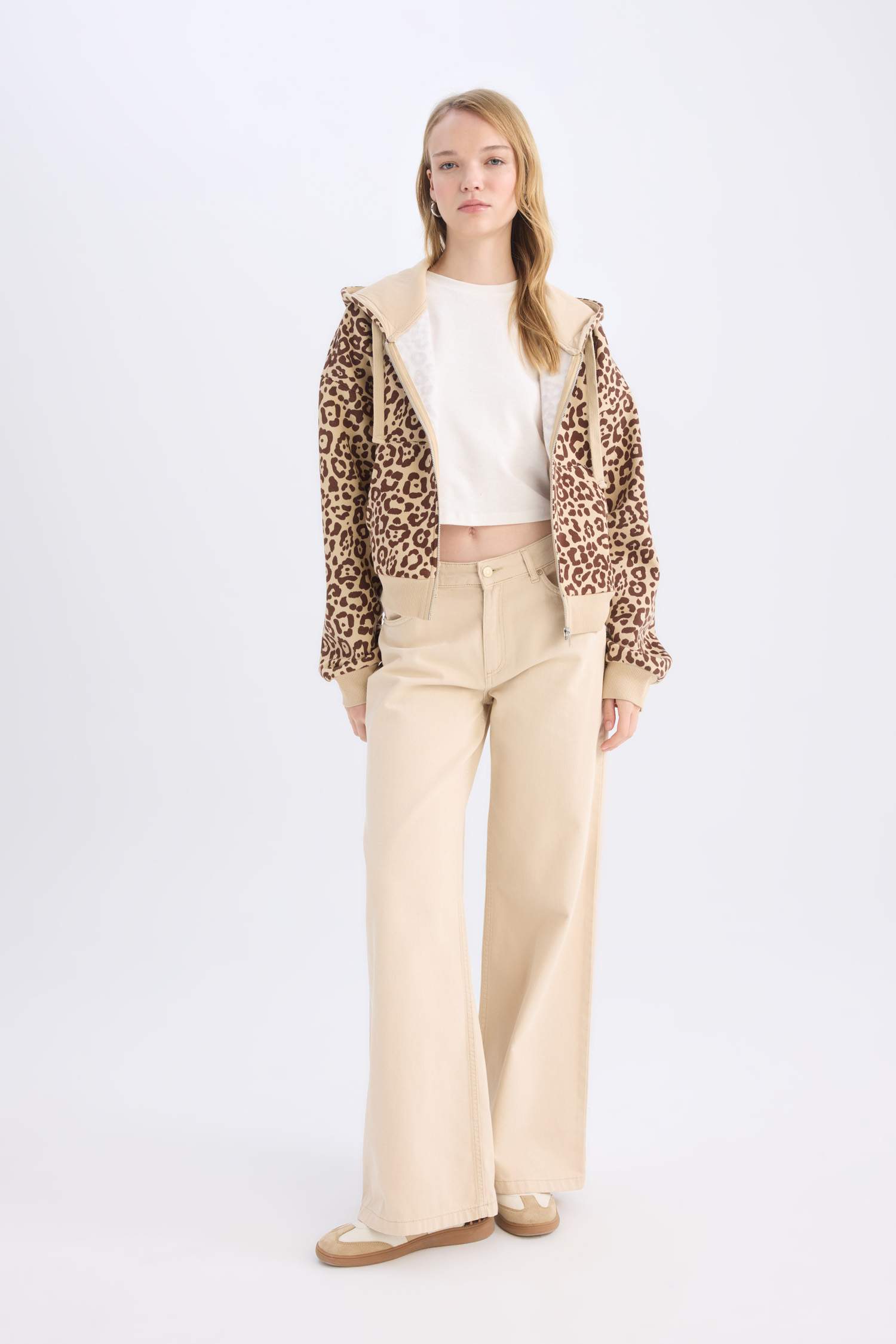 Loose Fit Leopar Desenli Kapüşonlu Fermuarlı Sweatshirt