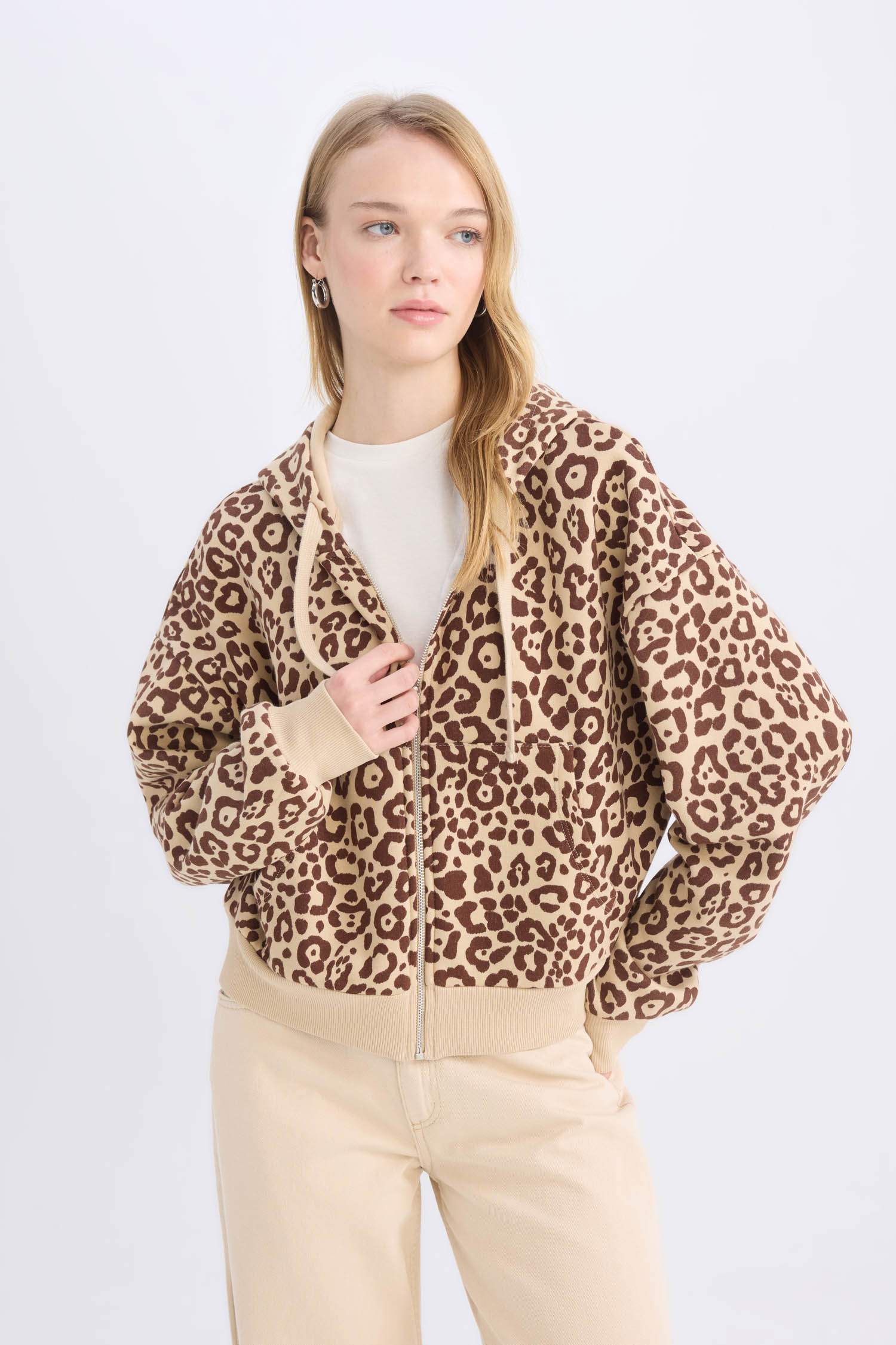 Loose Fit Leopar Desenli Kapüşonlu Fermuarlı Sweatshirt