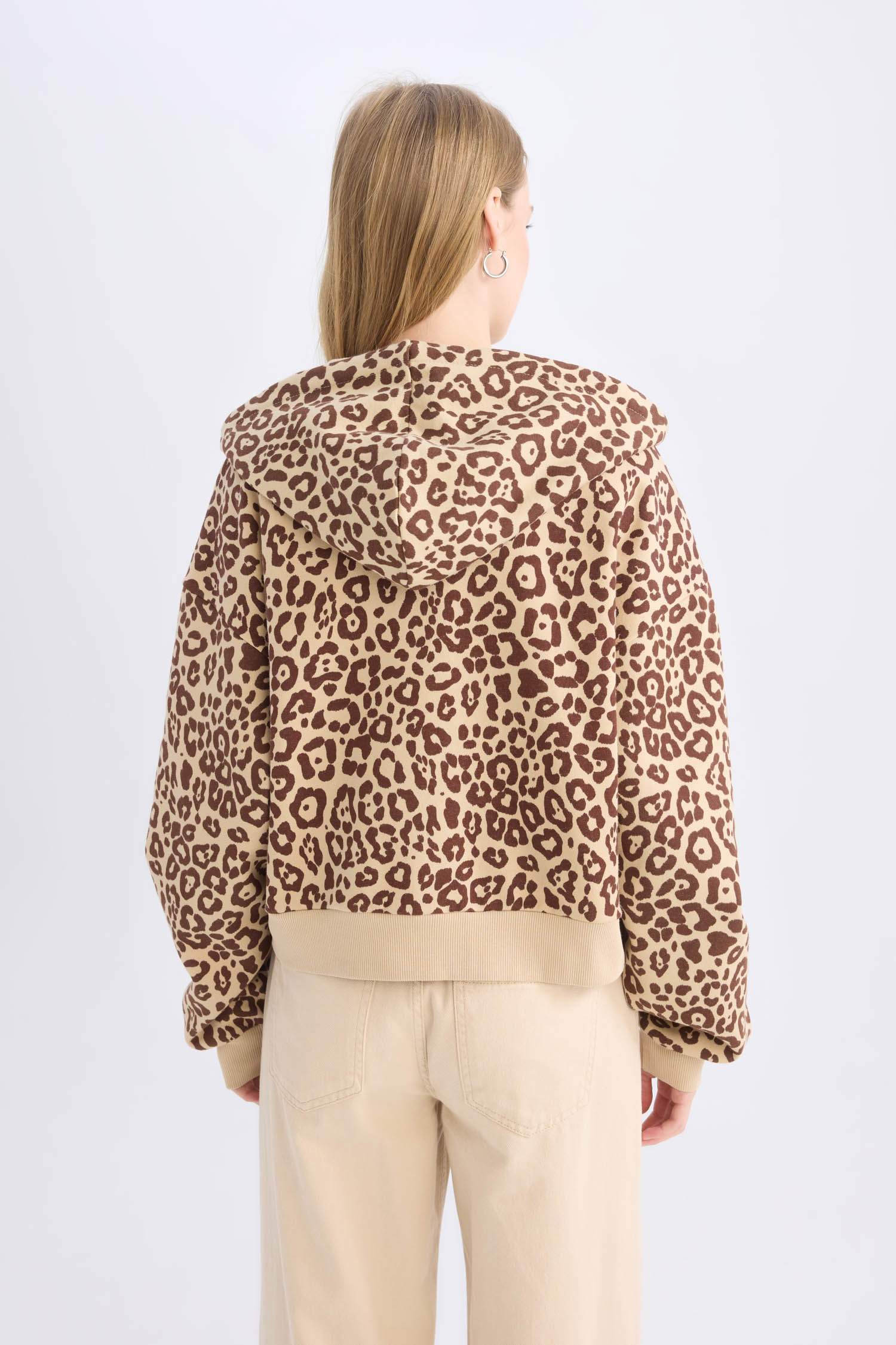 Loose Fit Leopar Desenli Kapüşonlu Fermuarlı Sweatshirt