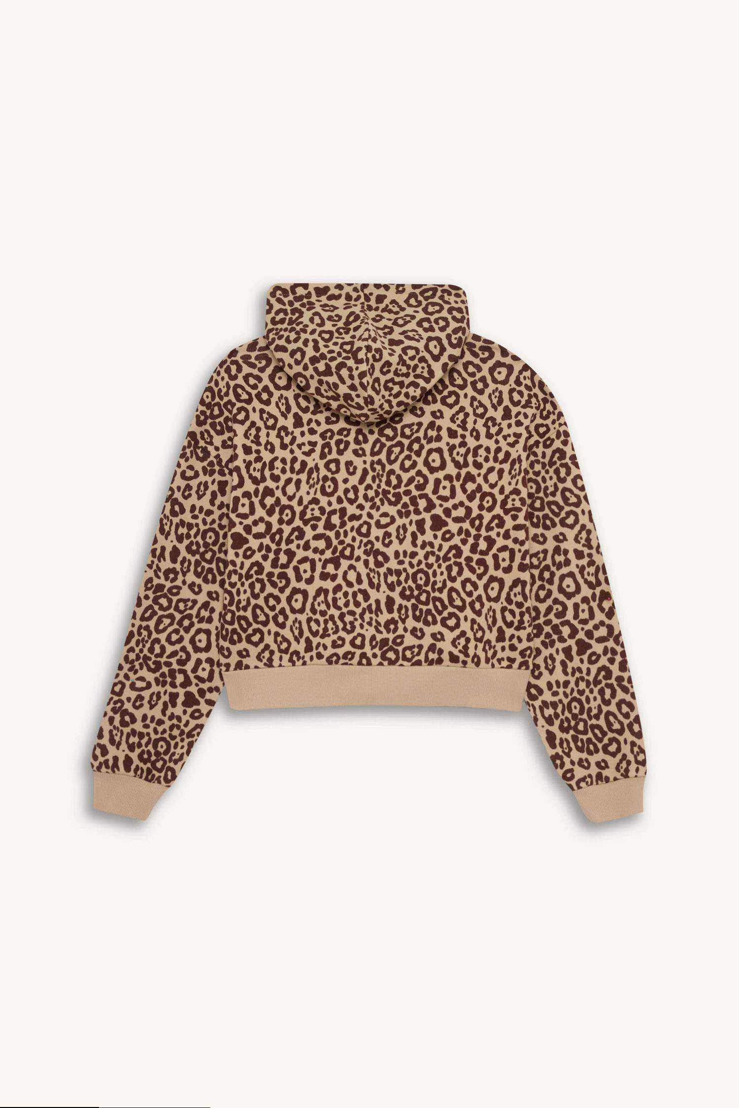 Loose Fit Leopar Desenli Kapüşonlu Fermuarlı Sweatshirt