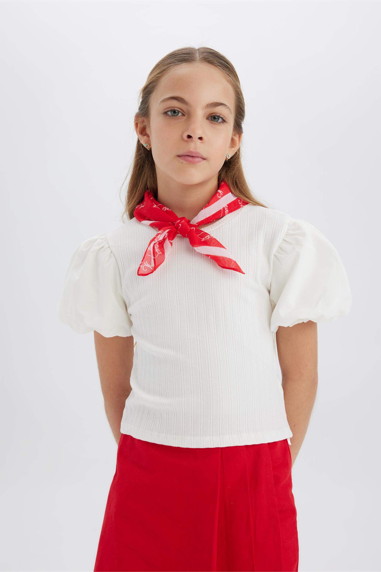 Kız Çocuk Bisiklet Yaka Fitilli Kaşkorse Kısa Kollu Tişört