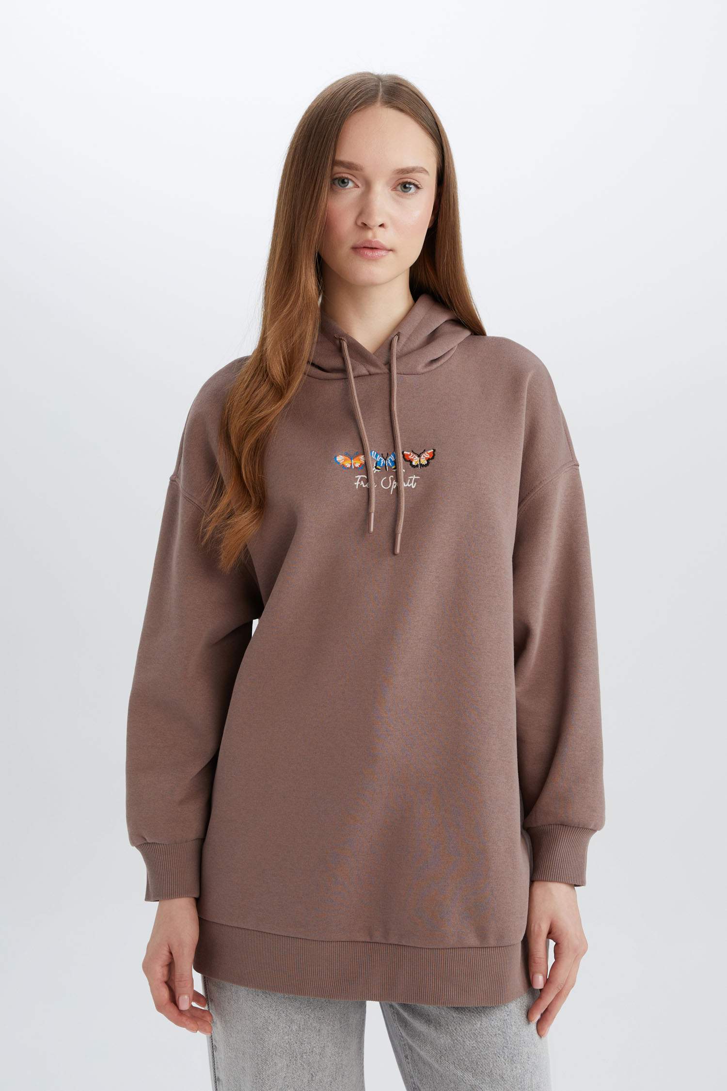 Relax Fit Kapüşonlu Baskılı İçi Yumuşak Tüylü Kalın Sweatshirt Tunik