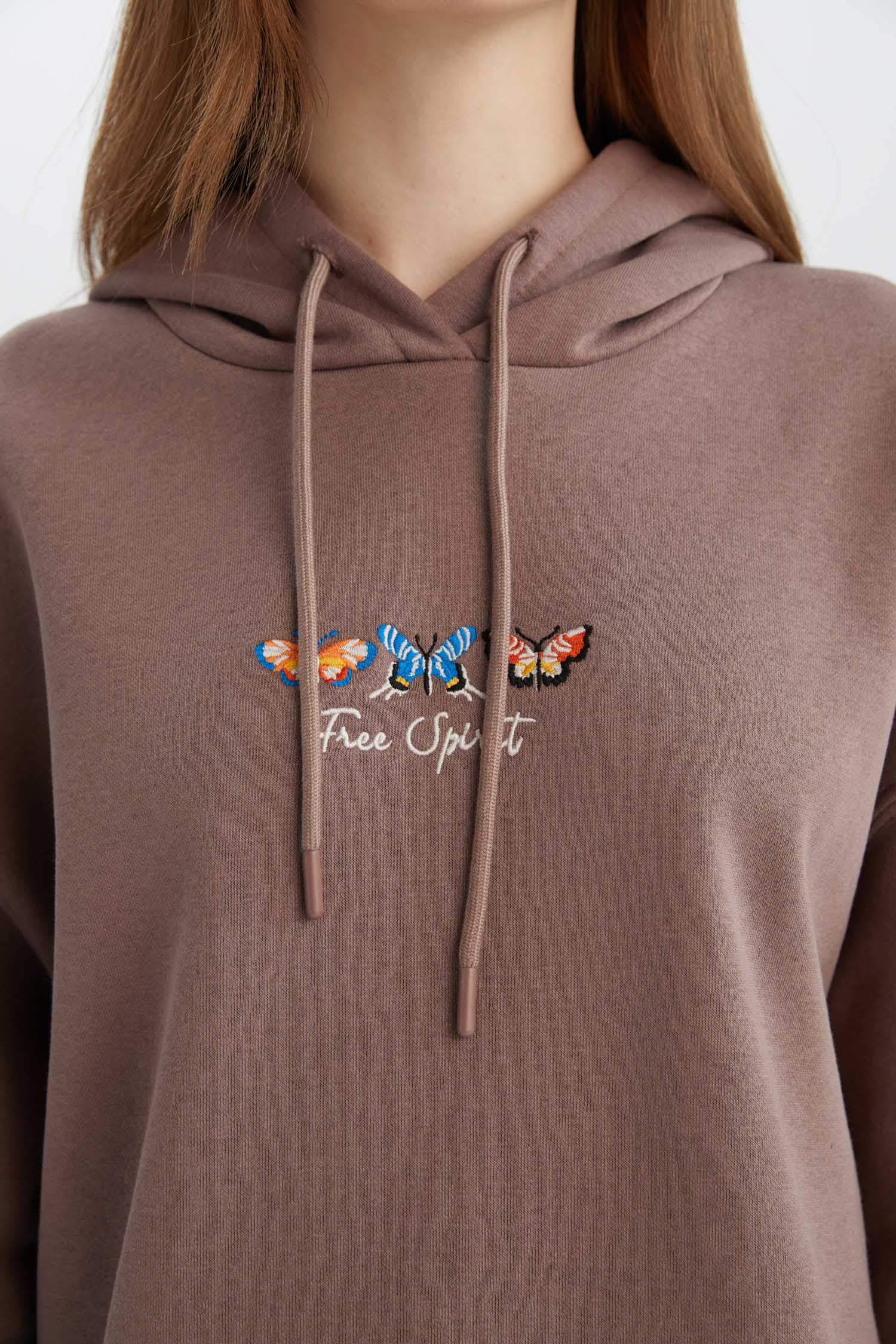 Relax Fit Kapüşonlu Baskılı İçi Yumuşak Tüylü Kalın Sweatshirt Tunik