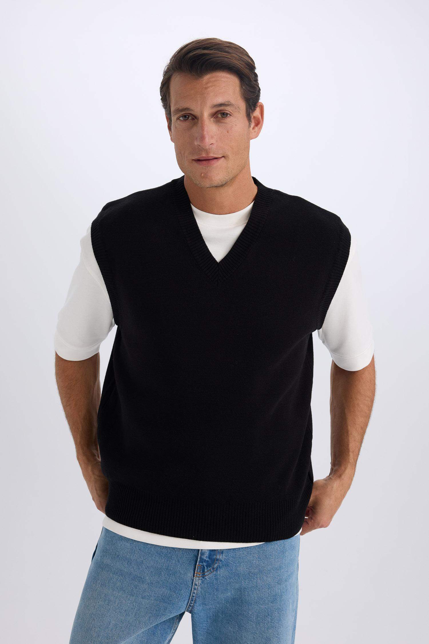 Standart Fit V Yaka Triko Basic Düz Süveter