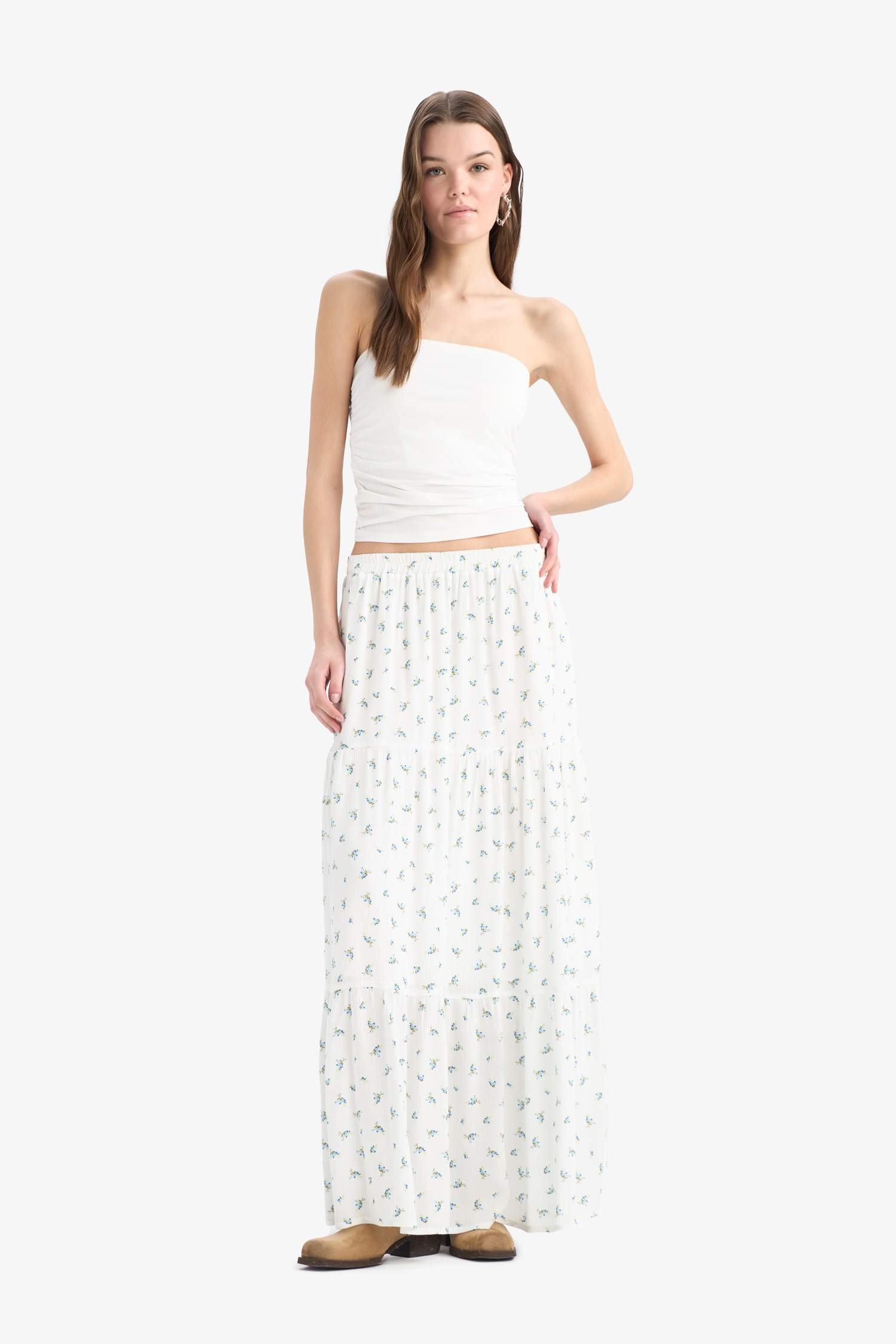 Floral Crinkle Viscose Cotton Lined High Waist Maxi Skirt