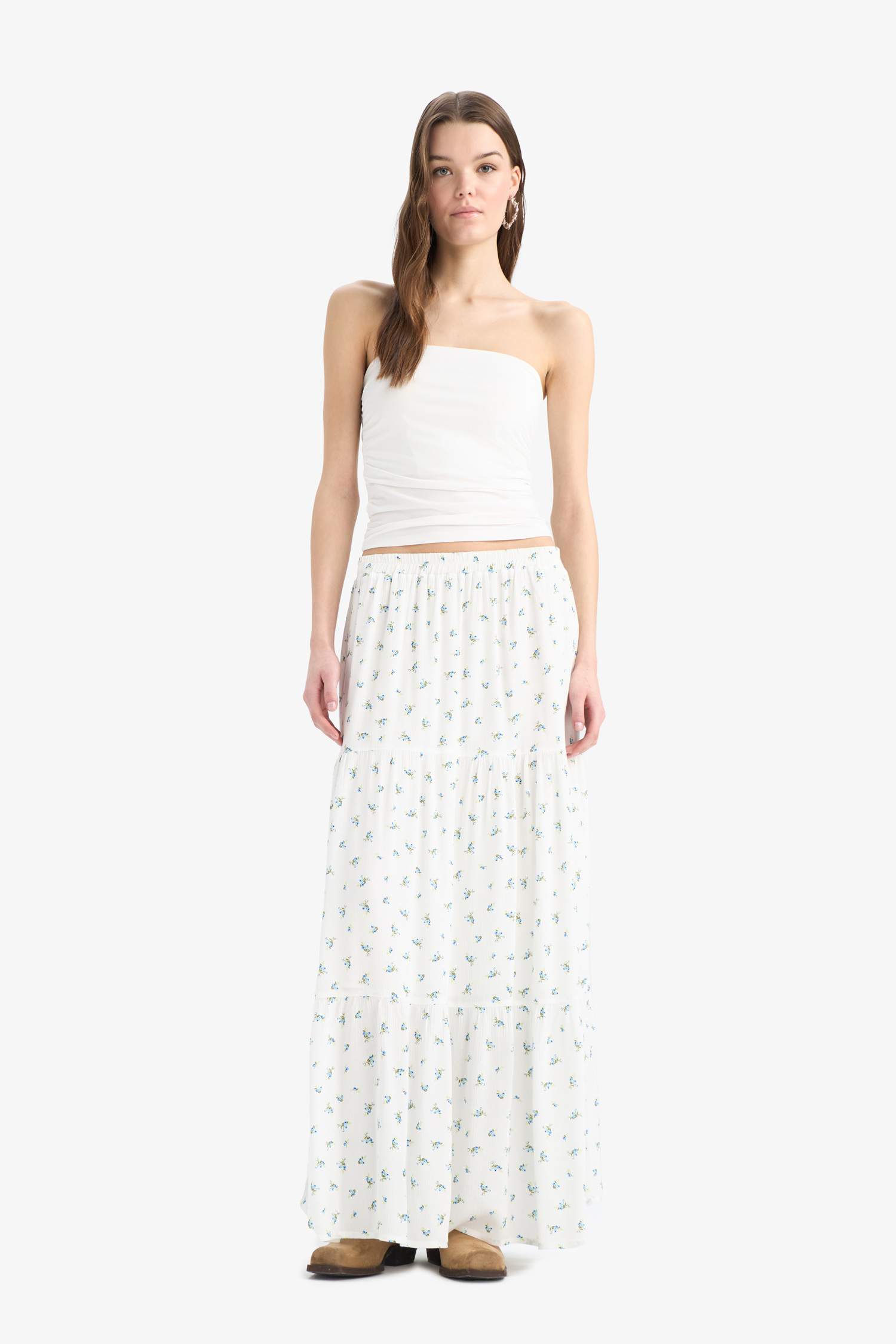 Floral Crinkle Viscose Cotton Lined High Waist Maxi Skirt