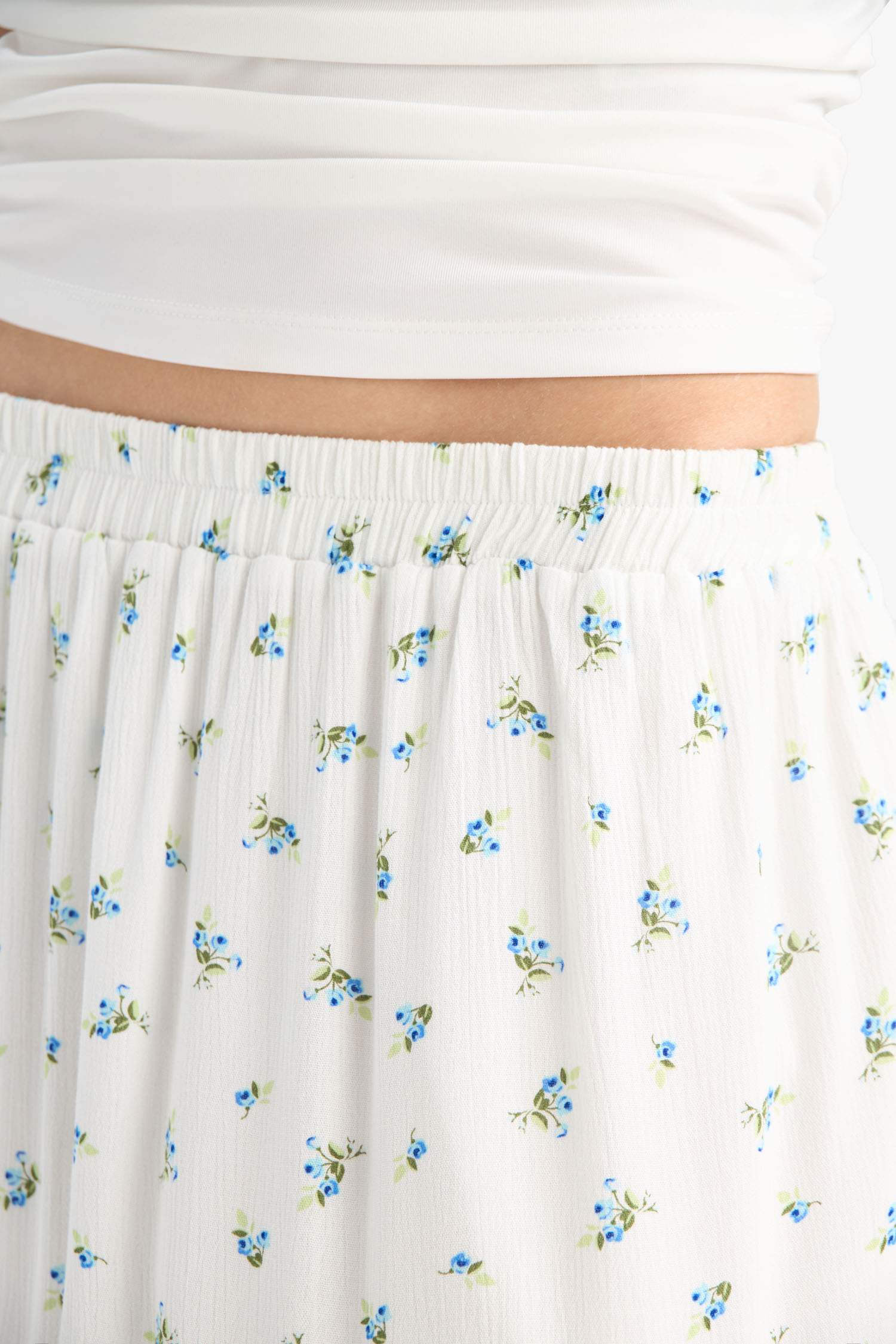 Floral Crinkle Viscose Cotton Lined High Waist Maxi Skirt