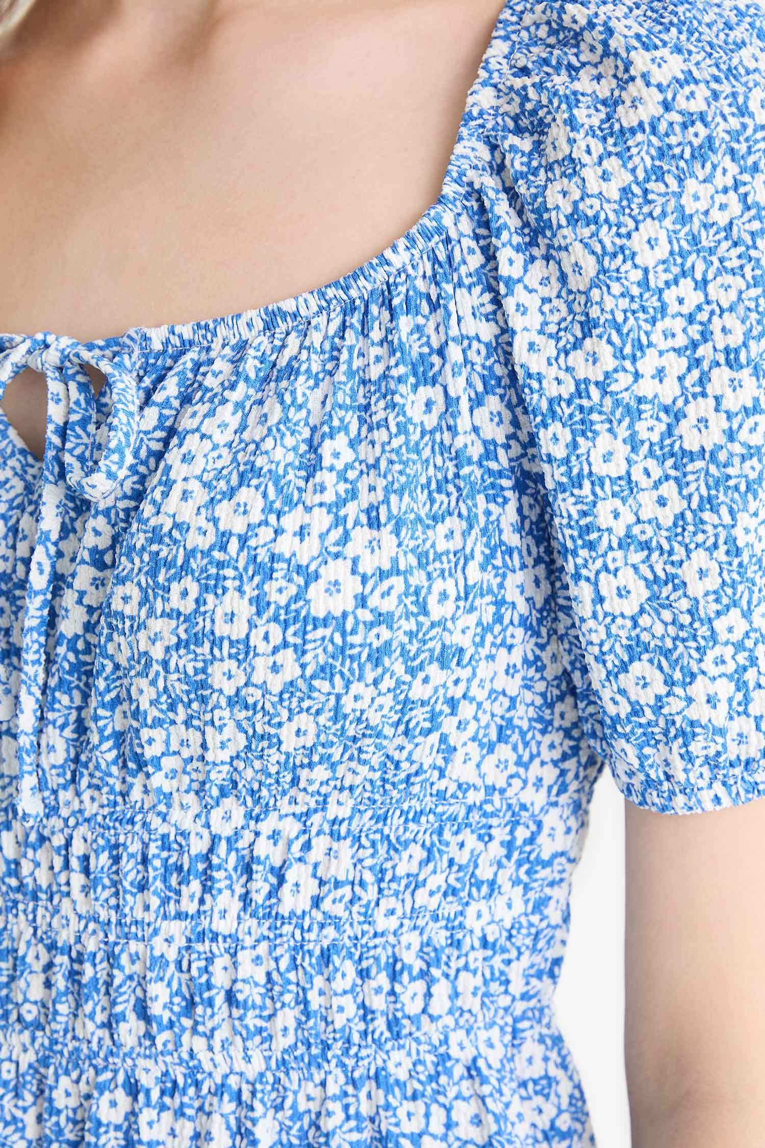 Coool Kare Yaka Çiçekli Bürümcük Kısa Kollu Mini Yazlık Elbise