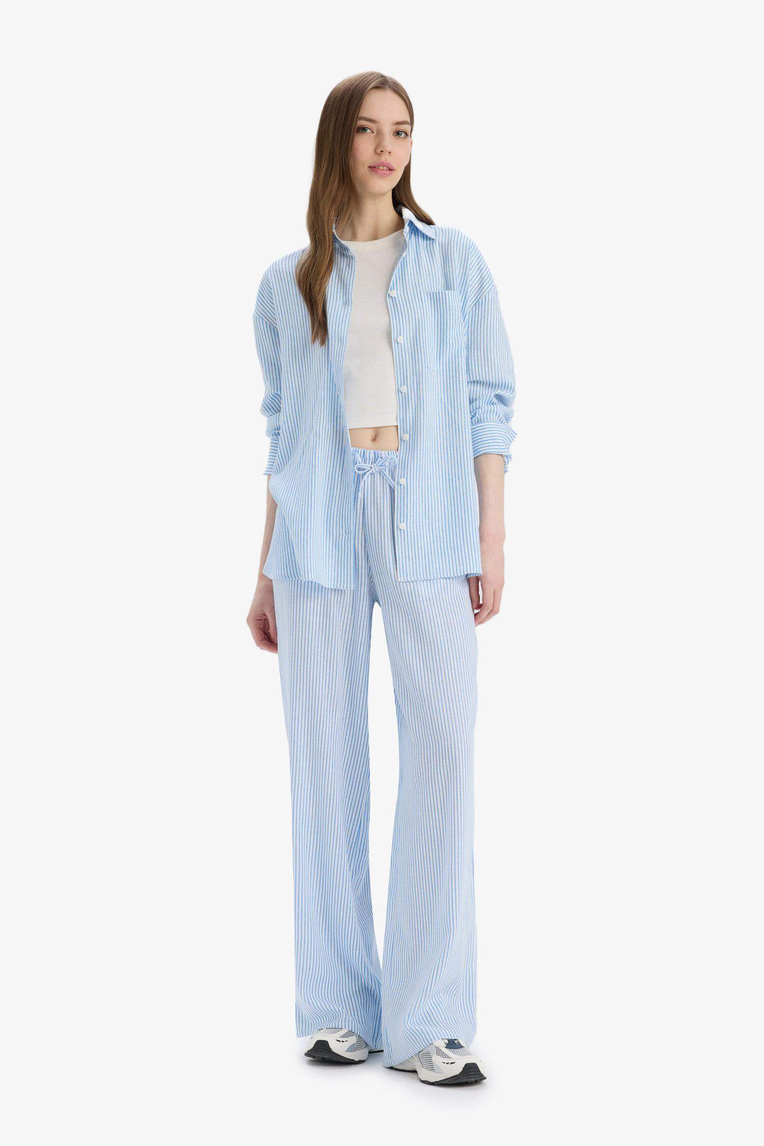 سروال مخطط واسع مخطط من كتان