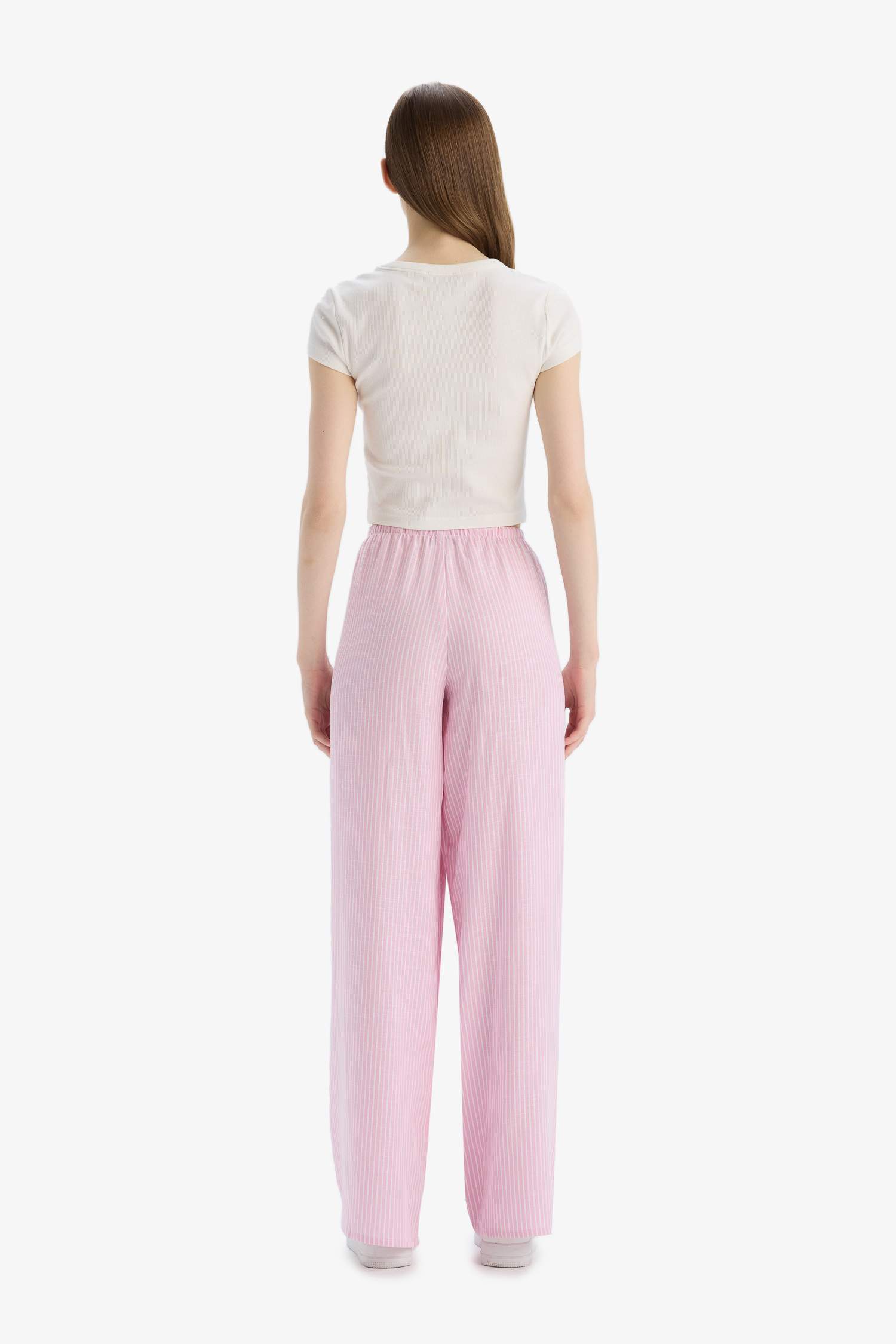 سروال مخطط واسع بخصر مطاطي من مزيج الكتان