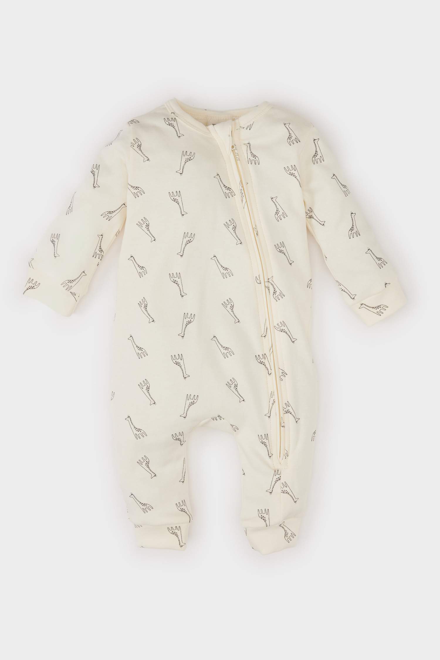 Erkek Bebek Yenidoğan Zürafa Baskılı Uzun Kollu Fermuarlı Tulum