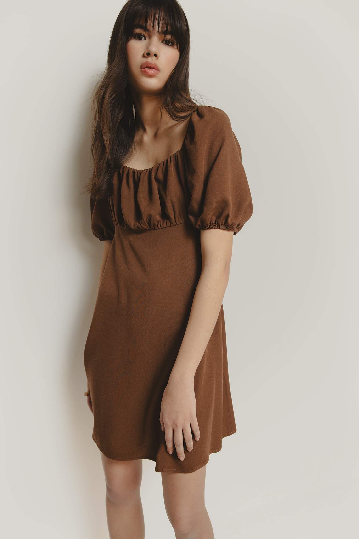 Kare Yaka Keten Karışımlı Kısa Kollu Midi Yazlık Elbise