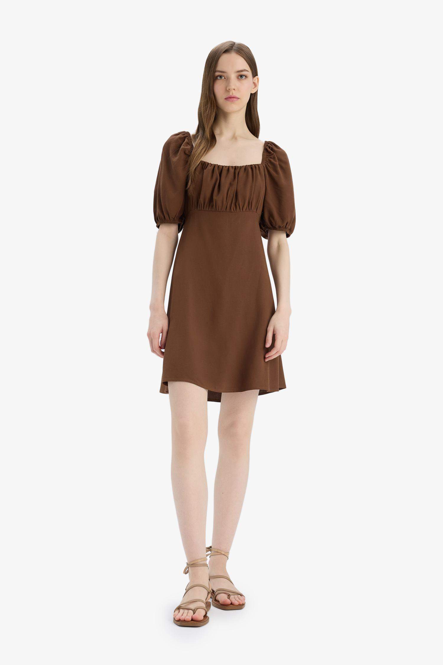 Kare Yaka Keten Karışımlı Kısa Kollu Midi Yazlık Elbise