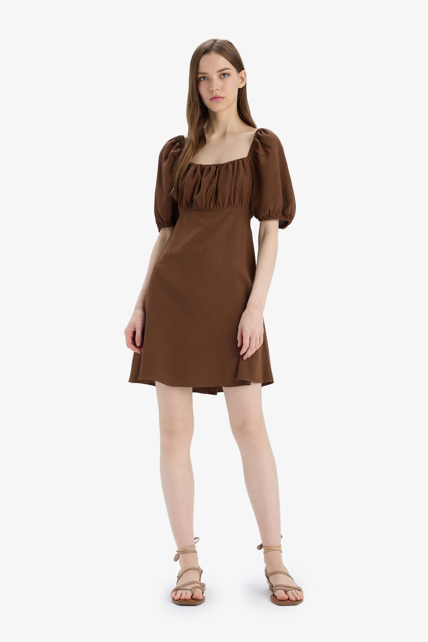 Kare Yaka Keten Karışımlı Kısa Kollu Midi Yazlık Elbise