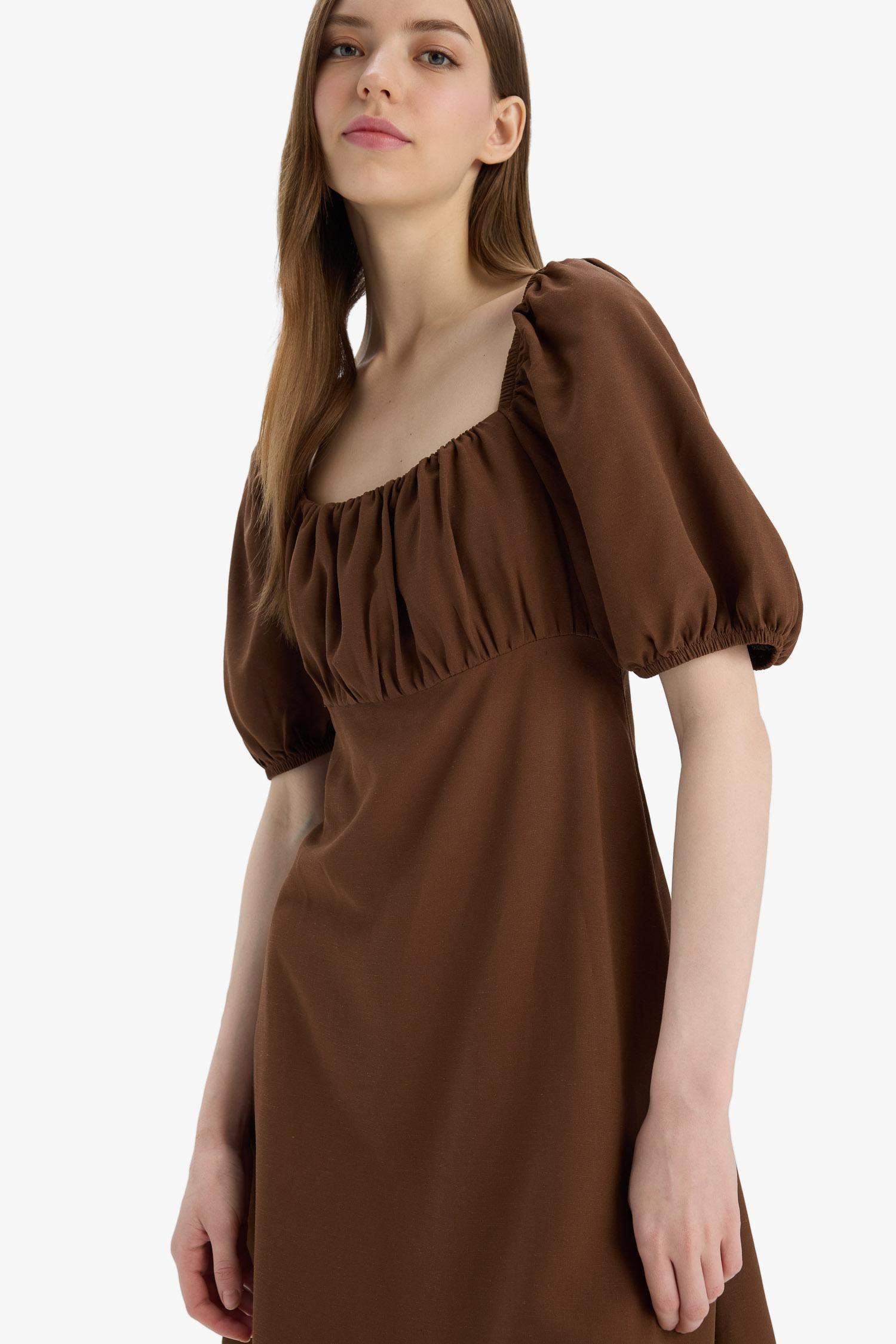 Kare Yaka Keten Karışımlı Kısa Kollu Midi Yazlık Elbise