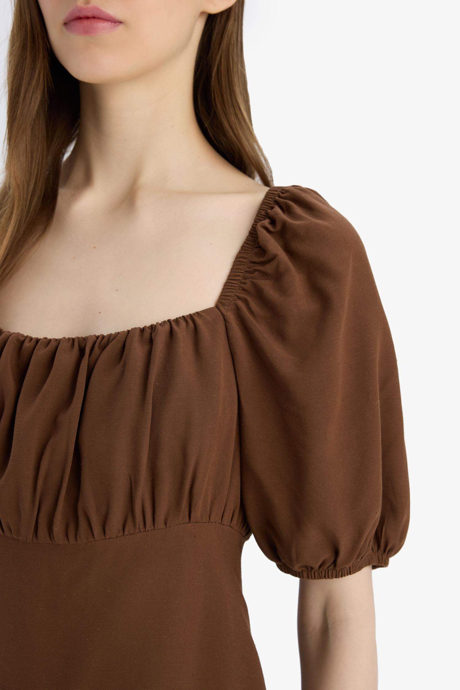 Kare Yaka Keten Karışımlı Kısa Kollu Midi Yazlık Elbise