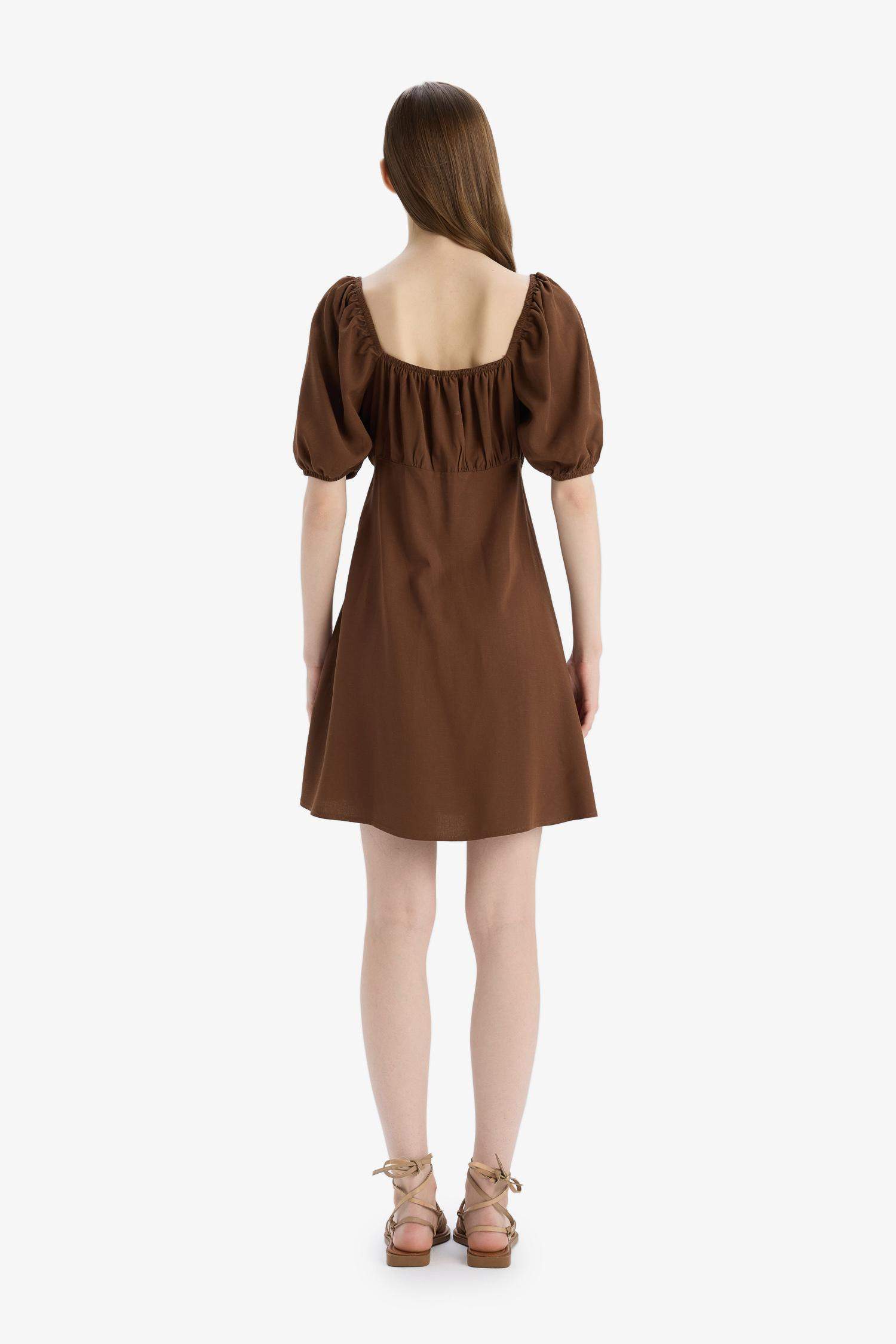 Kare Yaka Keten Karışımlı Kısa Kollu Midi Yazlık Elbise