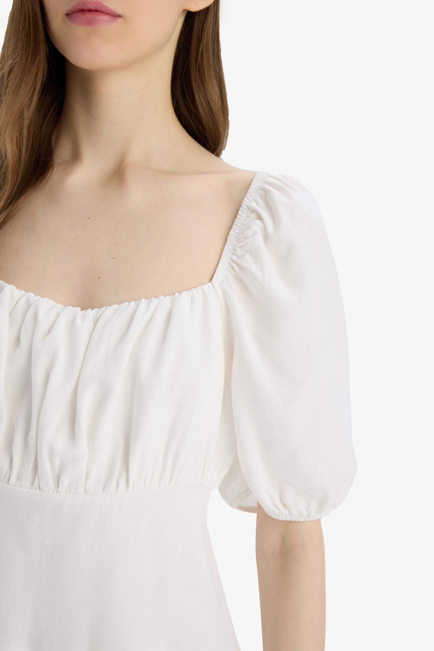 Kare Yaka Keten Karışımlı Kısa Kollu Midi Yazlık Elbise