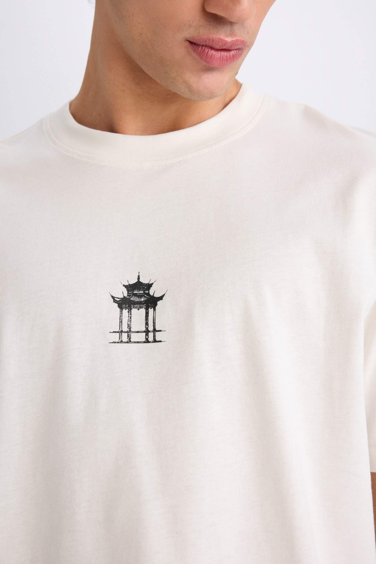 %100 Pamuk Boxy Fit Bisiklet Yaka Sırt Baskılı Kısa Kollu Tişört