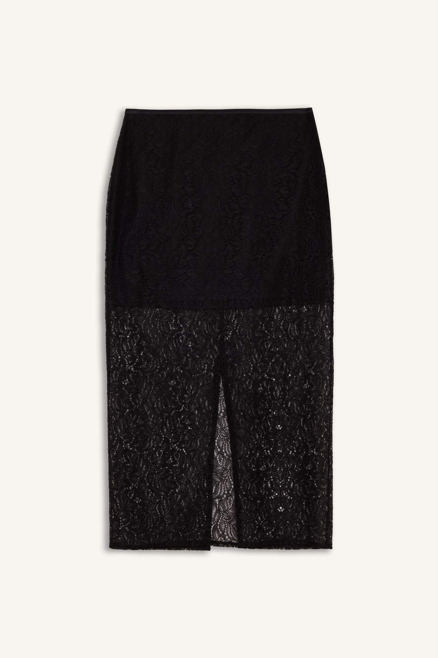 Sorbe x DeFacto Fermuarlı Dantel Kumaş Basic Düz Yırtmaçlı Midi Siyah Kalem Etek