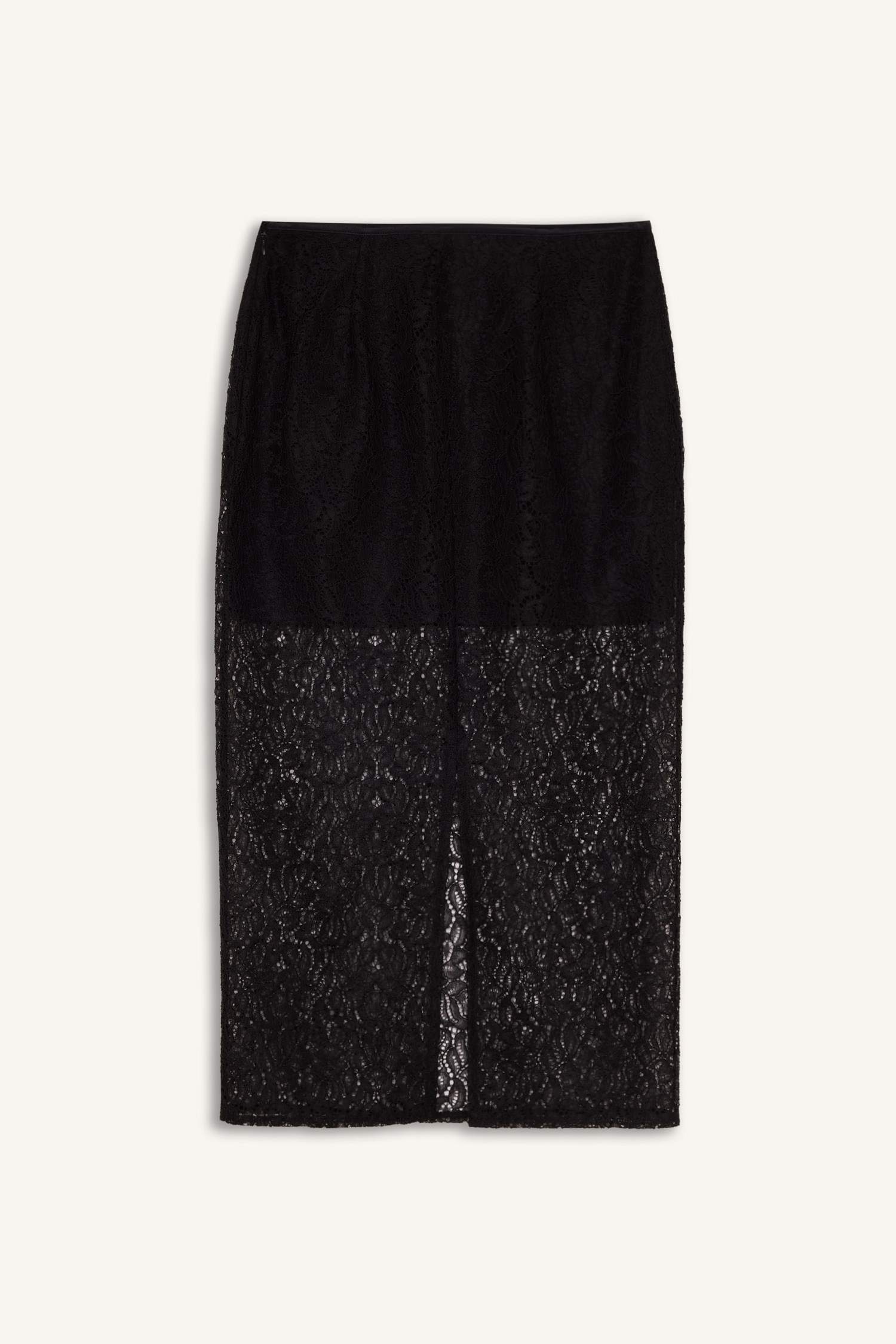 Sorbe x DeFacto Fermuarlı Dantel Kumaş Basic Düz Yırtmaçlı Midi Siyah Kalem Etek