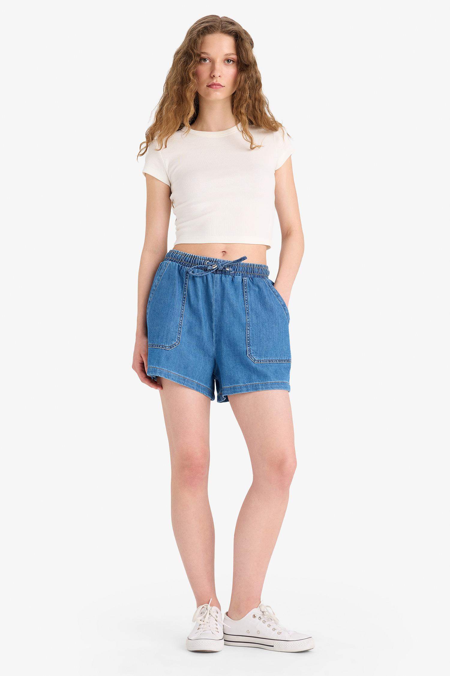 Yüksek Bel Beli Lastikli Bağcıklı Yumuşak Jean Şort