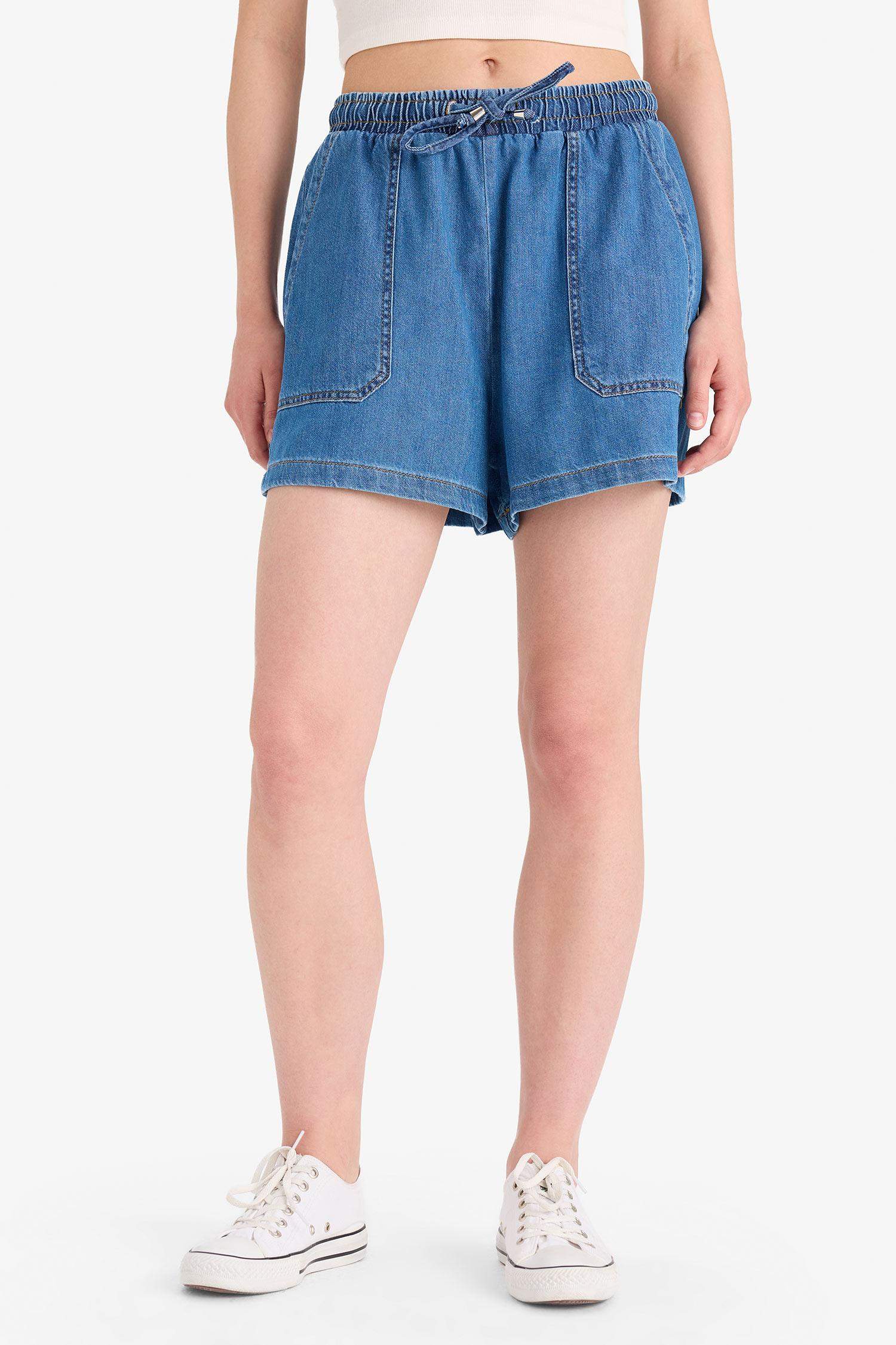 Yüksek Bel Beli Lastikli Bağcıklı Yumuşak Jean Şort