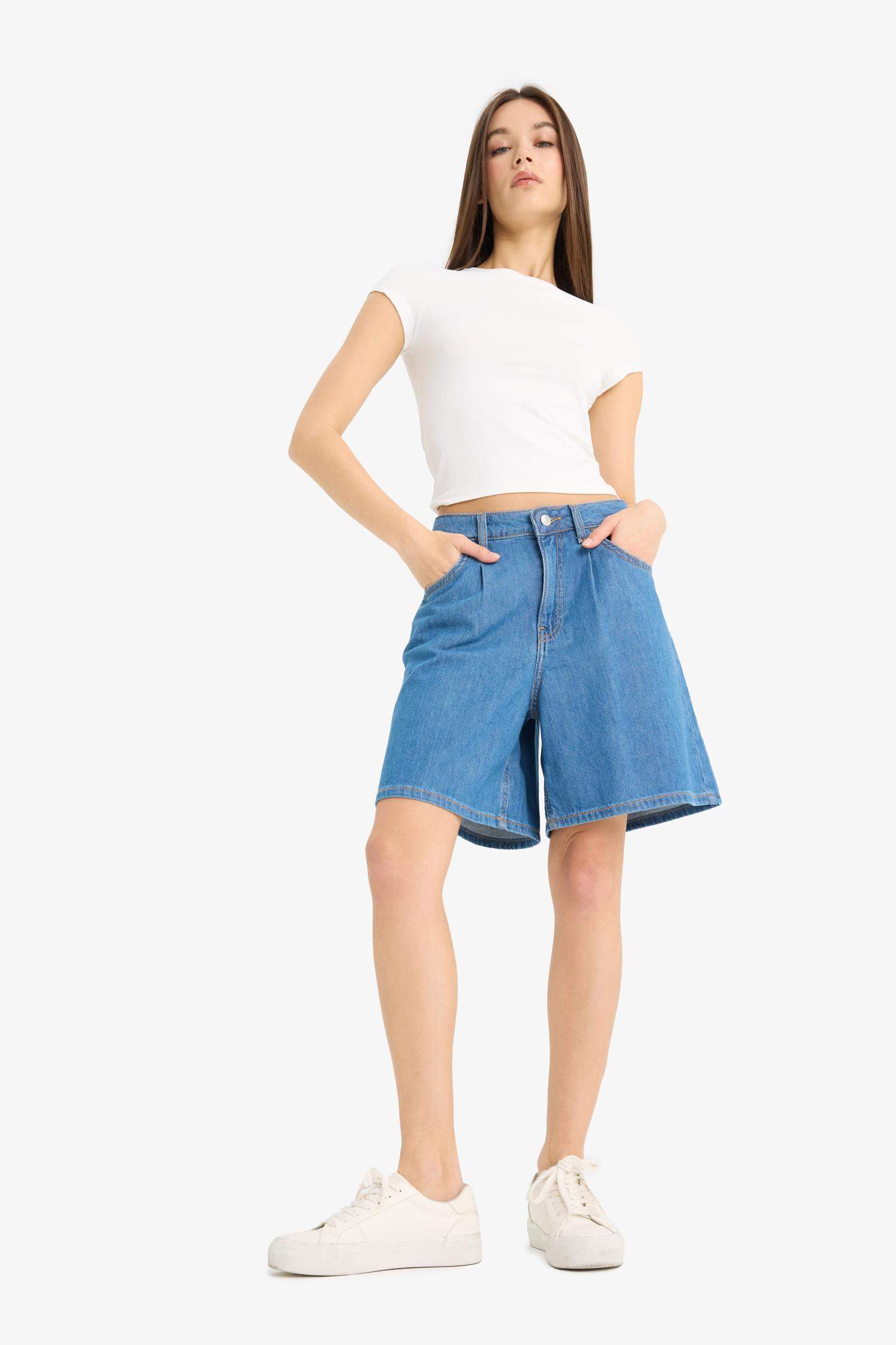 High Waist Soft Denim Bermuda Shorts