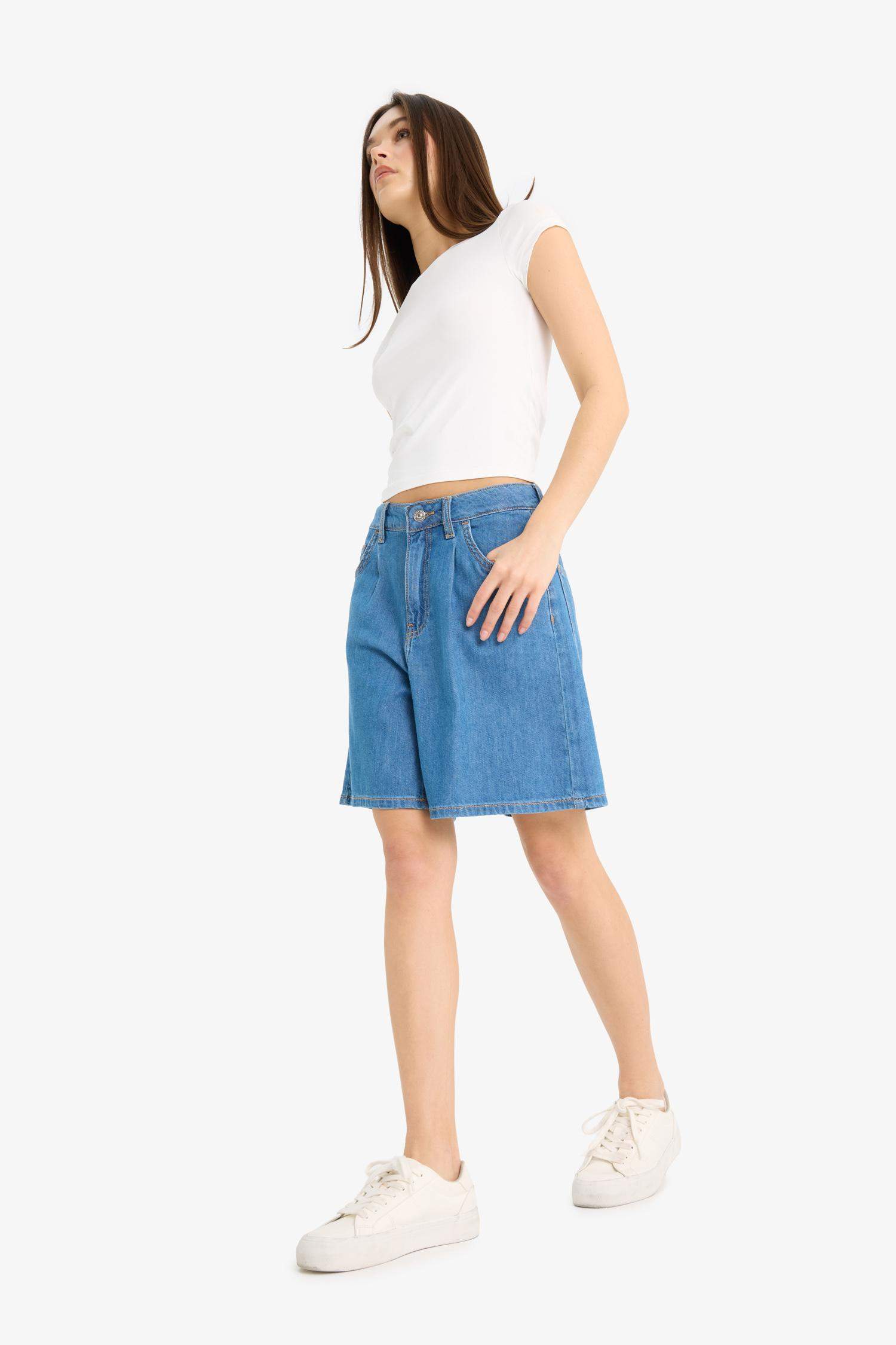 High Waist Soft Denim Bermuda Shorts