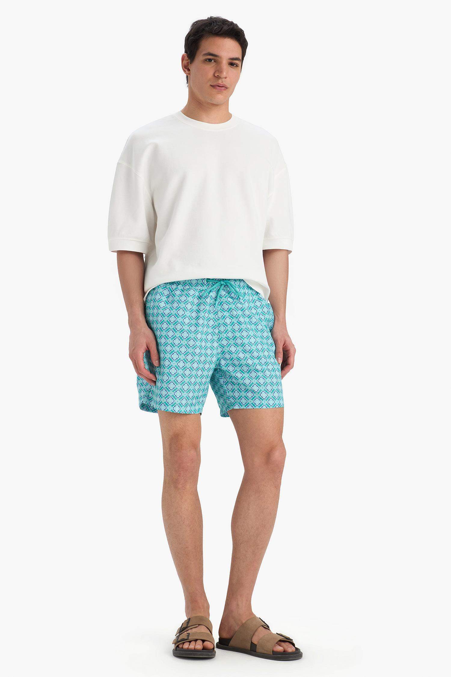 Desenli File Astarlı Kısa Boy Deniz Şortu