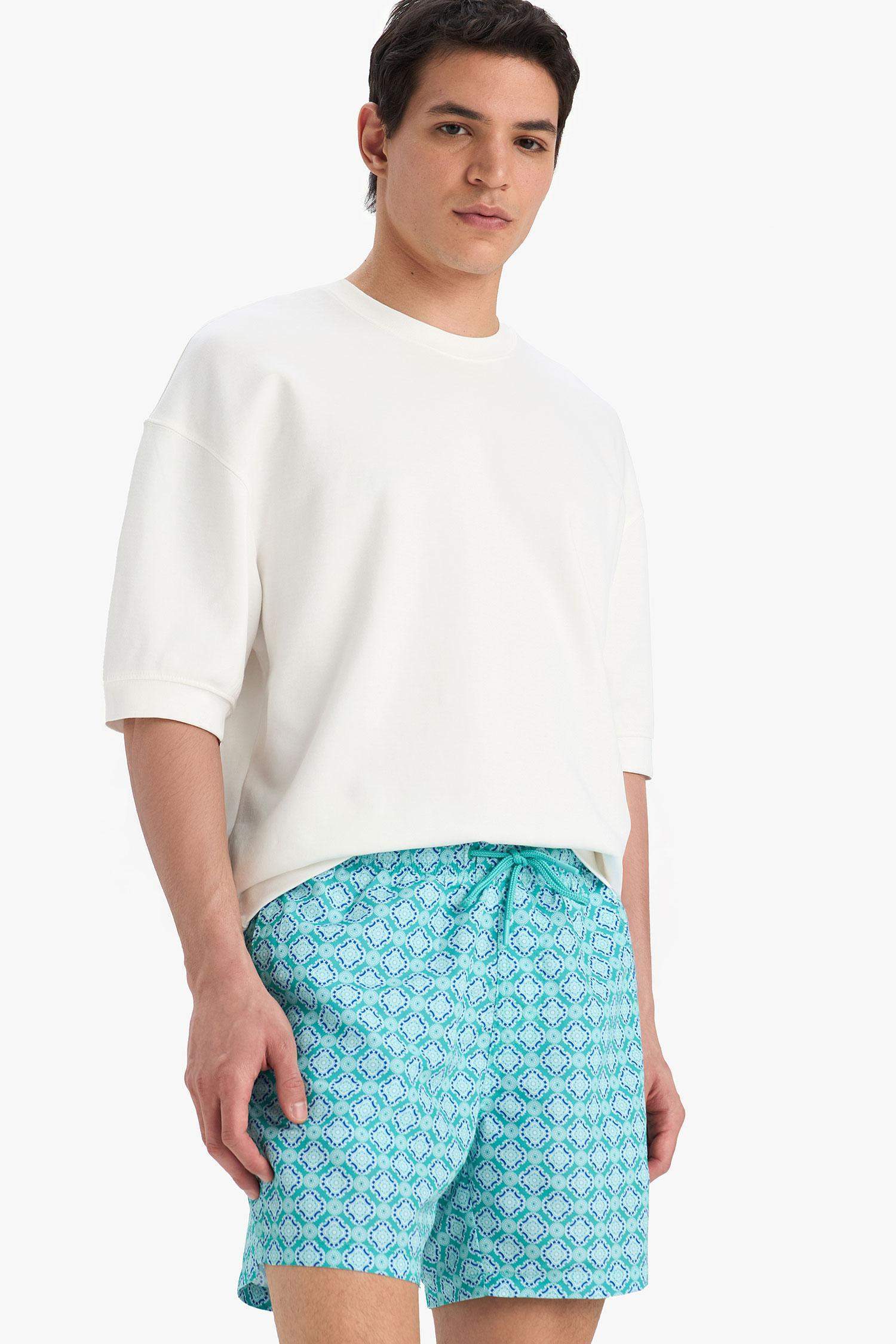 Desenli File Astarlı Kısa Boy Deniz Şortu