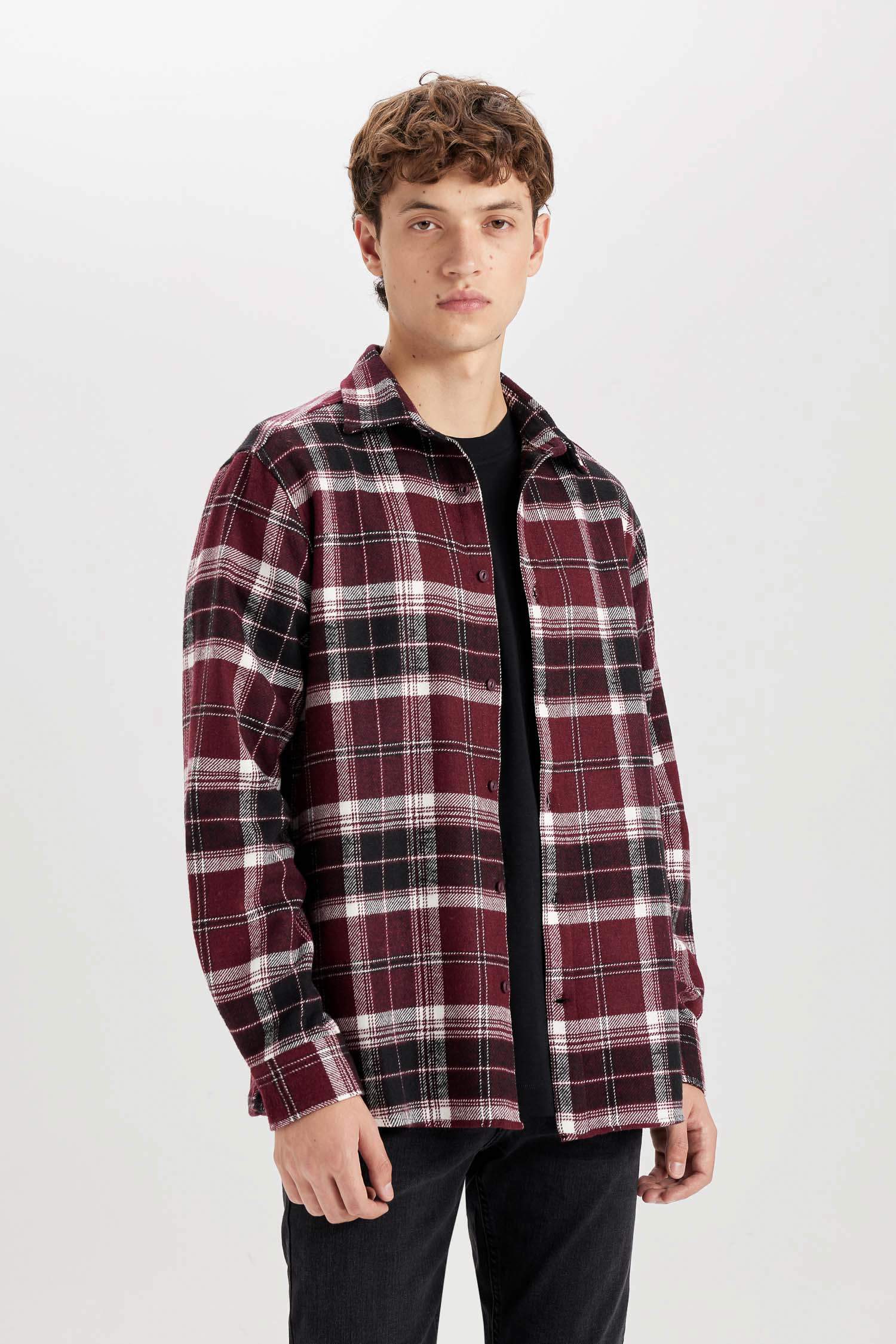 Regular Fit Polo Yaka Kareli Flanel Uzun Kollu Gömlek