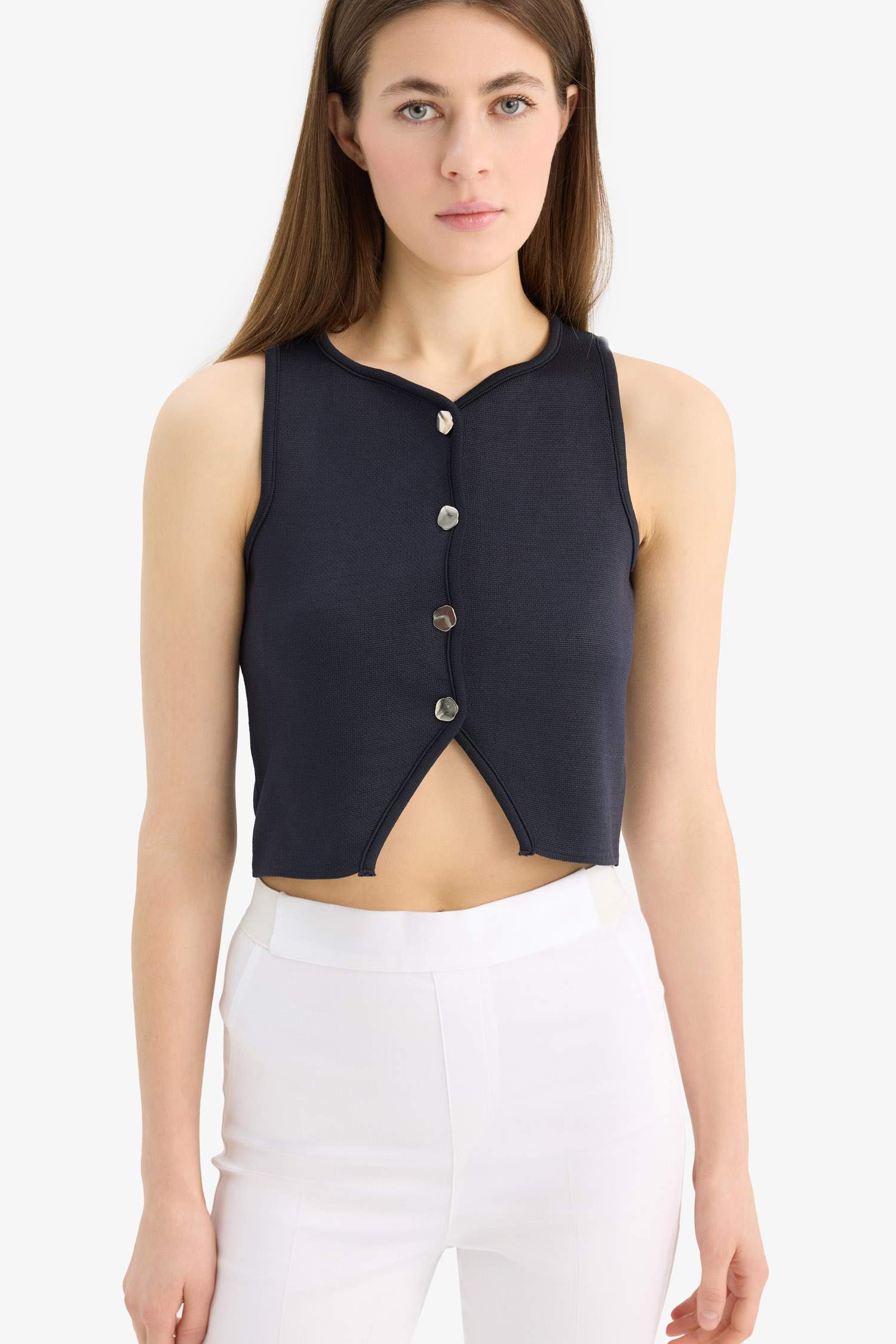 Regular Fit Crew Neck Black Knitted Vest