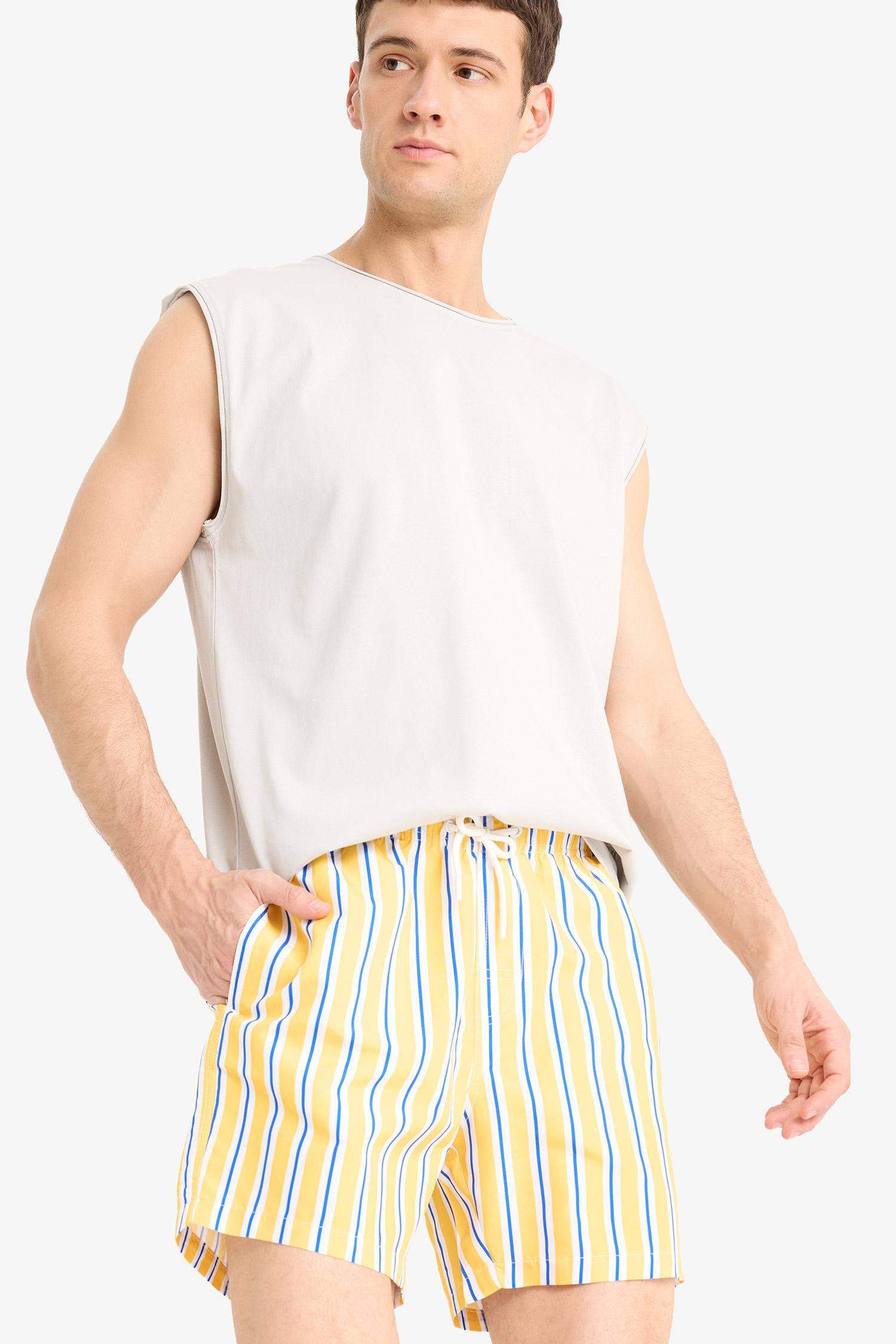 Mesh Lined Short Length Striped Swim Shorts