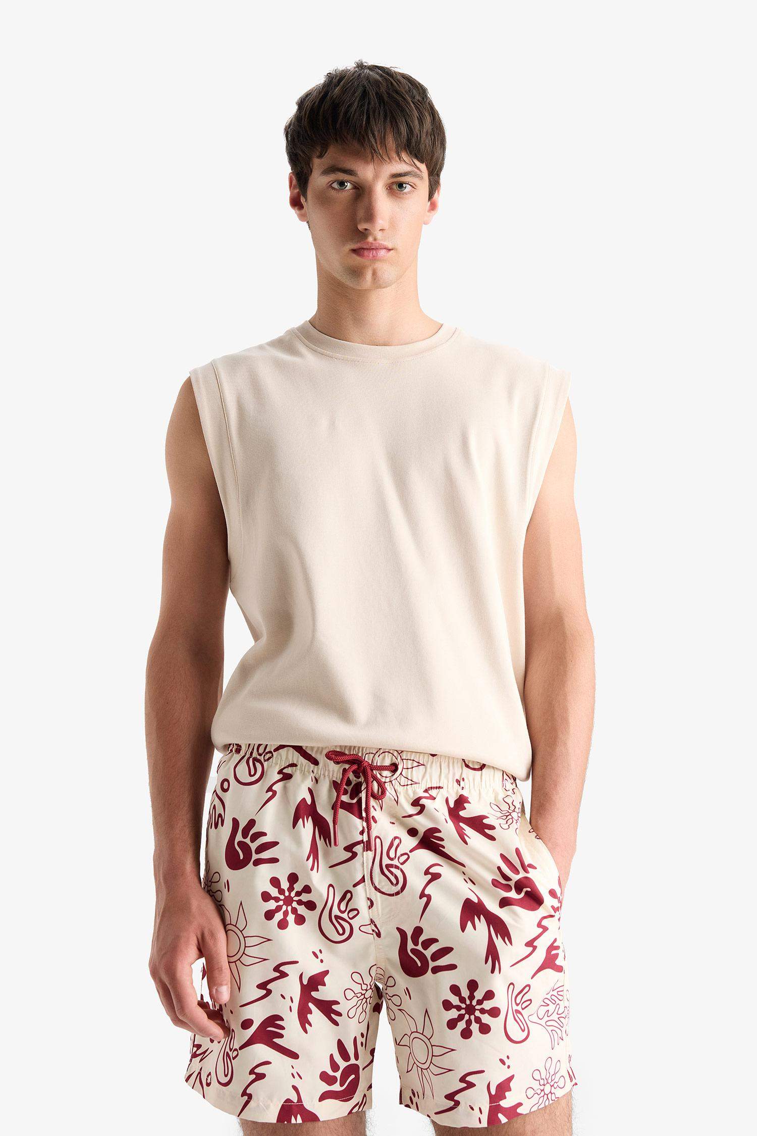 Desenli File Astarlı Kısa Boy Deniz Şortu