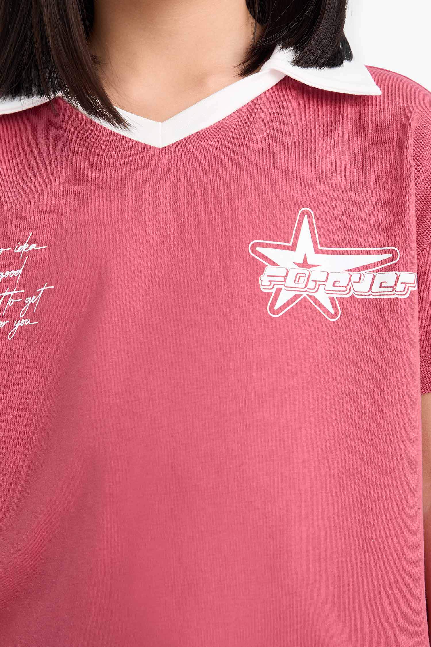 تيشيرت بولو بنات اوفر سايز مطبوع برقبة بولو