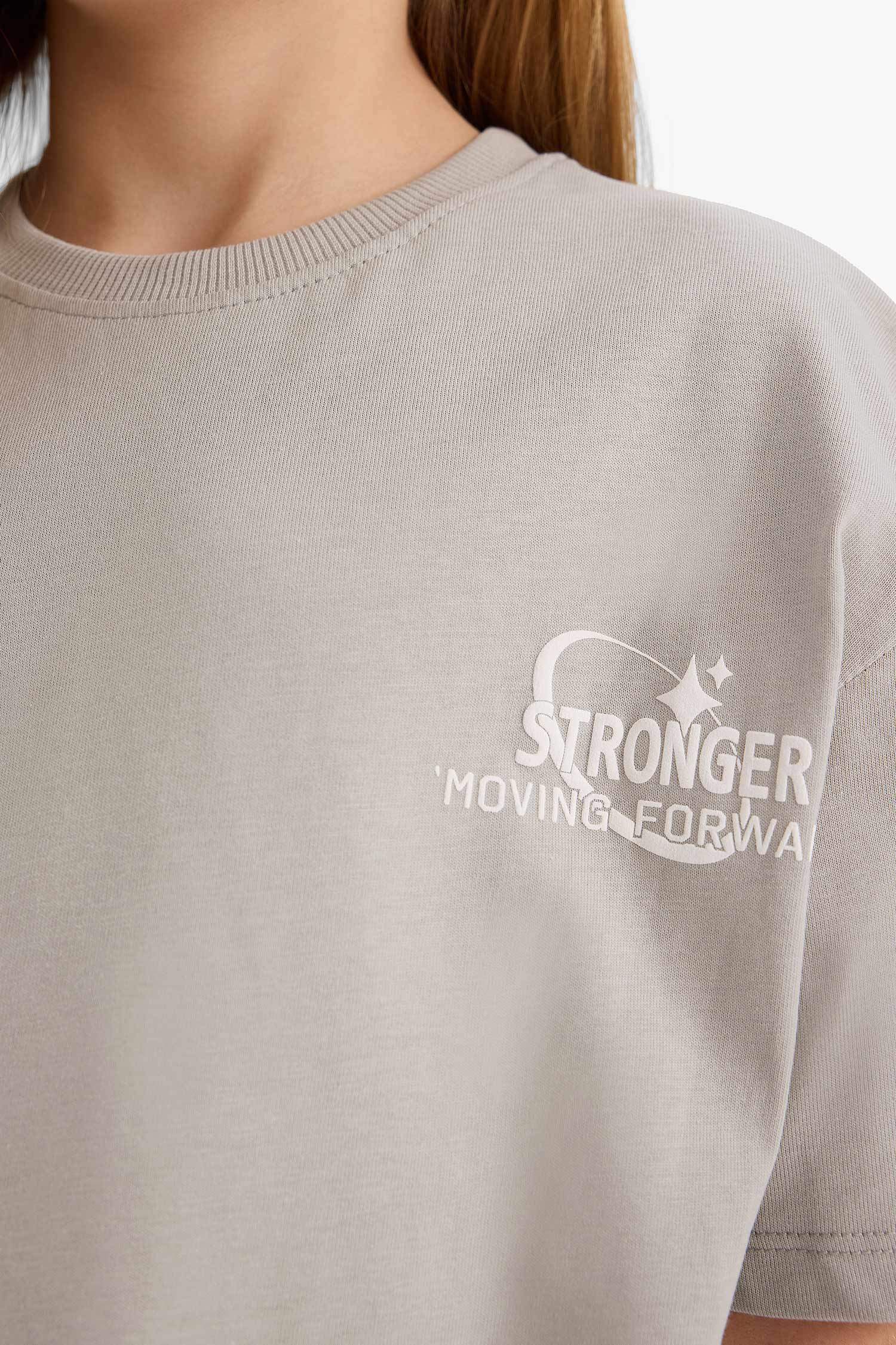 Kız Çocuk Oversize Geniş Kalıp Bisiklet Yaka Baskılı Kısa Kollu Tişört