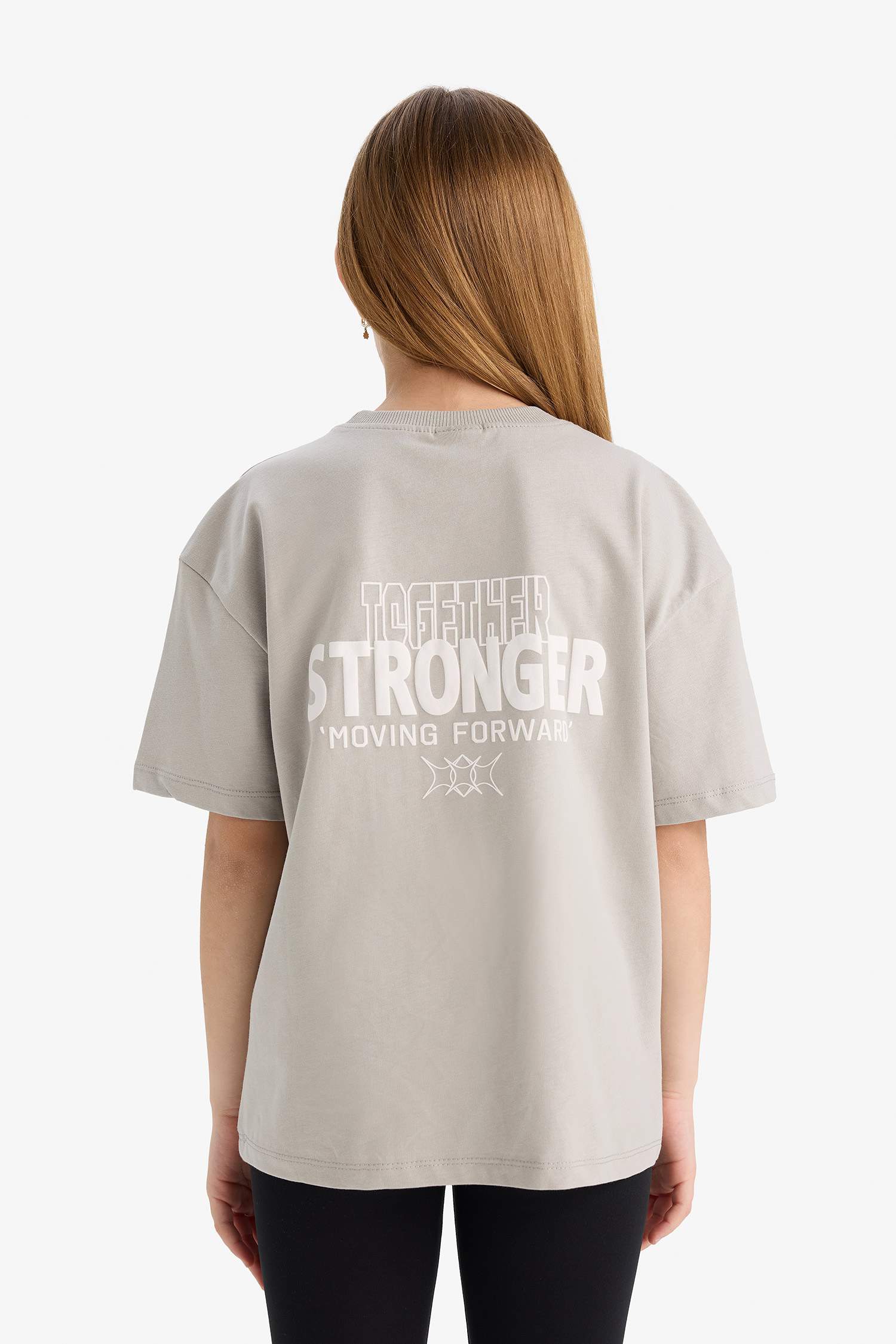 Kız Çocuk Oversize Geniş Kalıp Bisiklet Yaka Baskılı Kısa Kollu Tişört