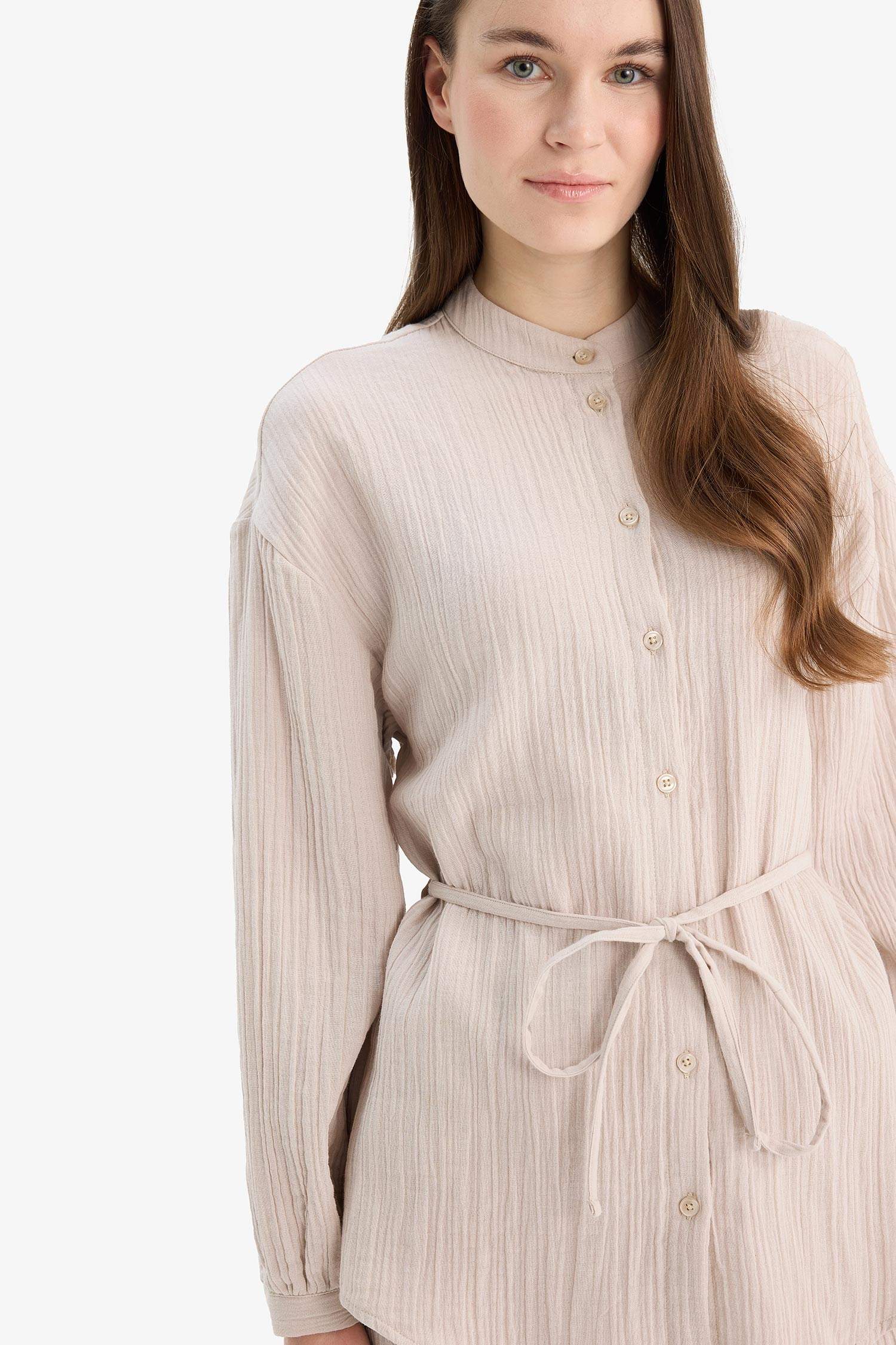 Relax Fit Basic Düz Bağcıklı Müslin Uzun Kollu Gömlek