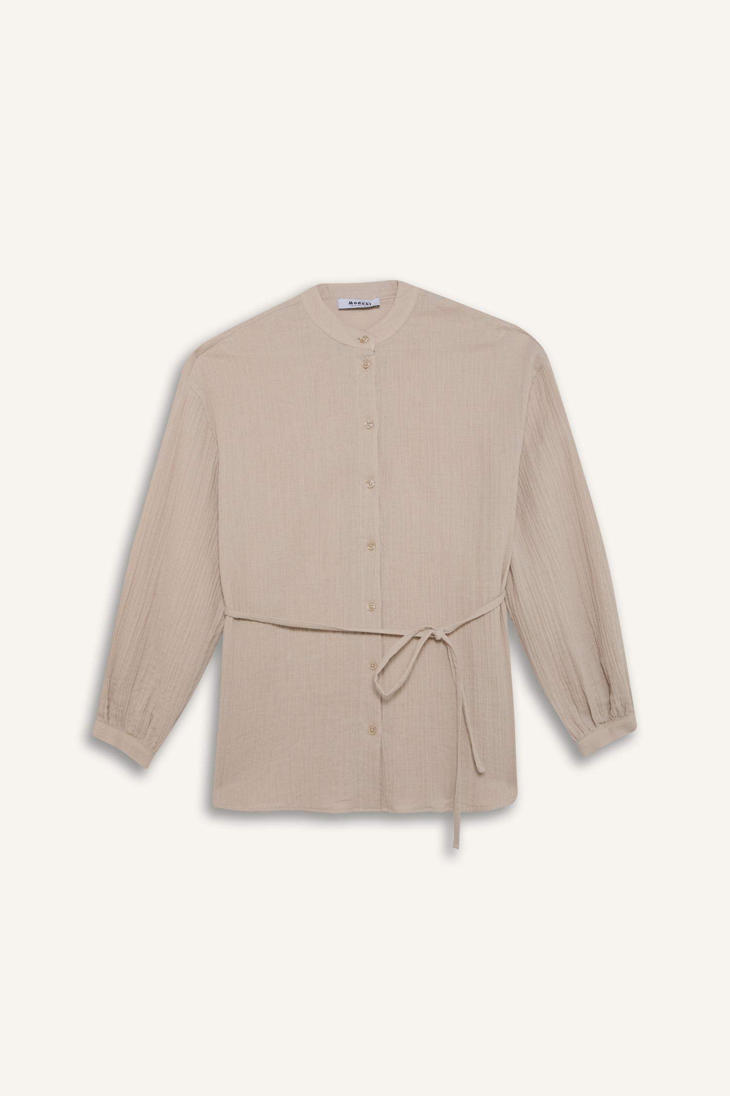 Relax Fit Basic Düz Bağcıklı Müslin Uzun Kollu Gömlek