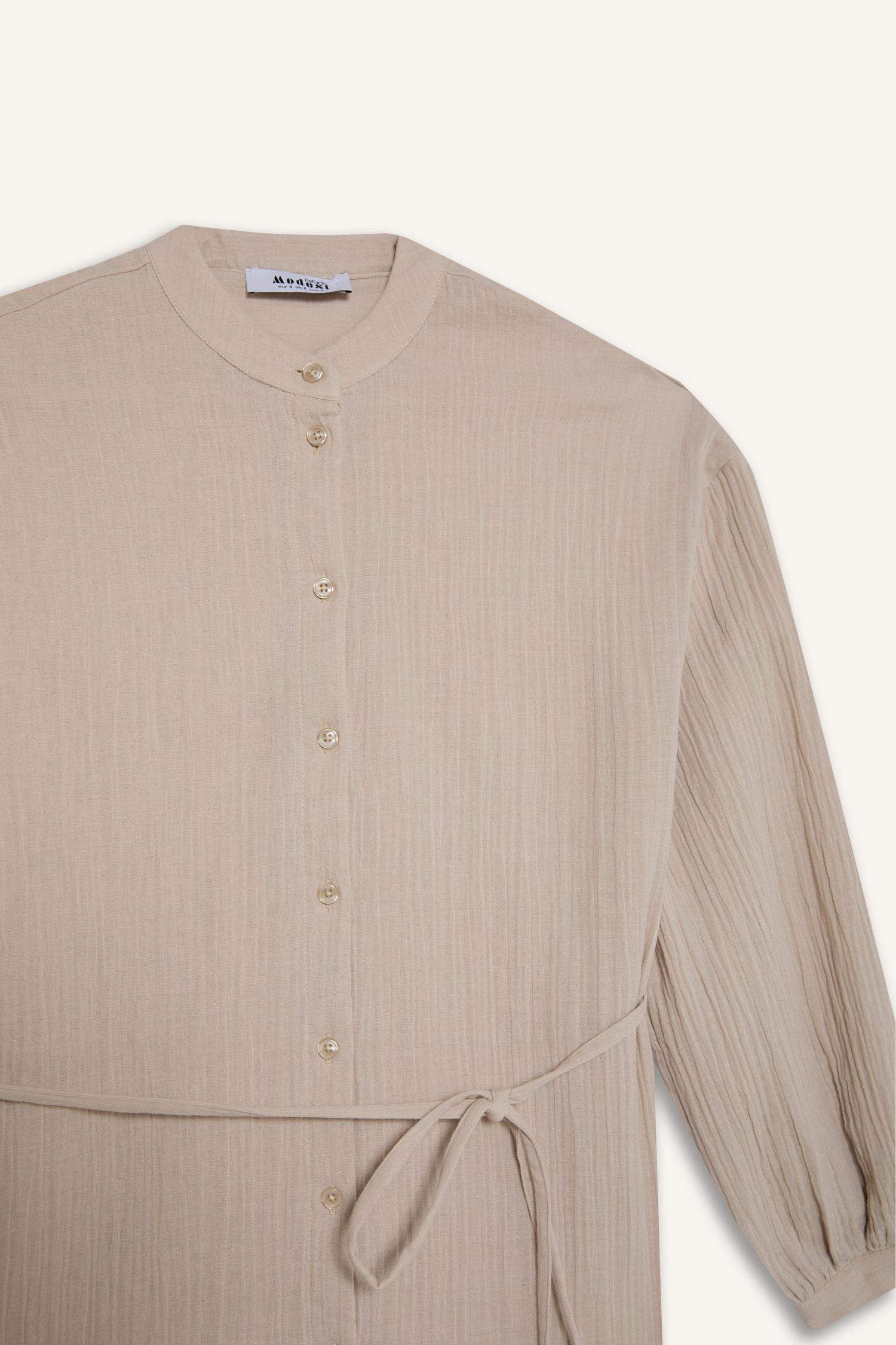 Relax Fit Basic Düz Bağcıklı Müslin Uzun Kollu Gömlek