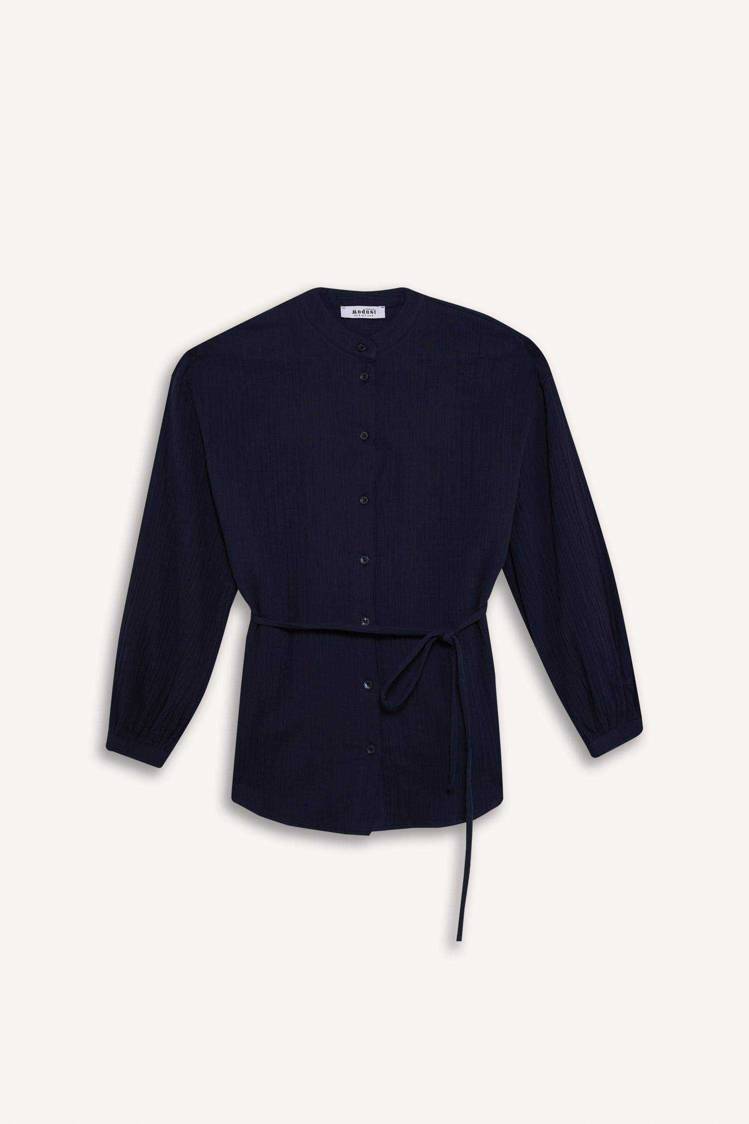 Relax Fit Basic Düz Bağcıklı Müslin Uzun Kollu Tesettür Gömlek Tunik