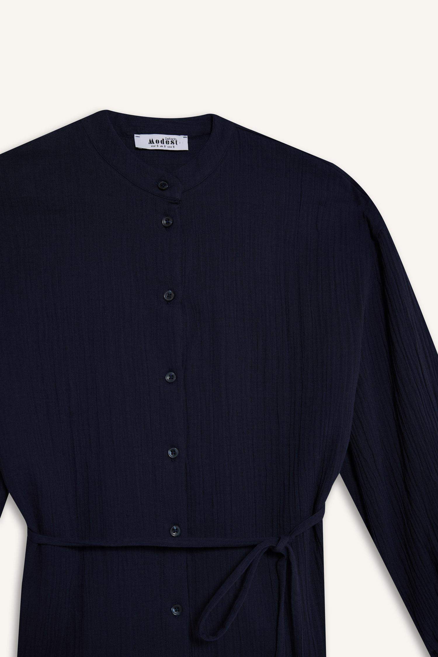 Relax Fit Basic Düz Bağcıklı Müslin Uzun Kollu Tesettür Gömlek Tunik